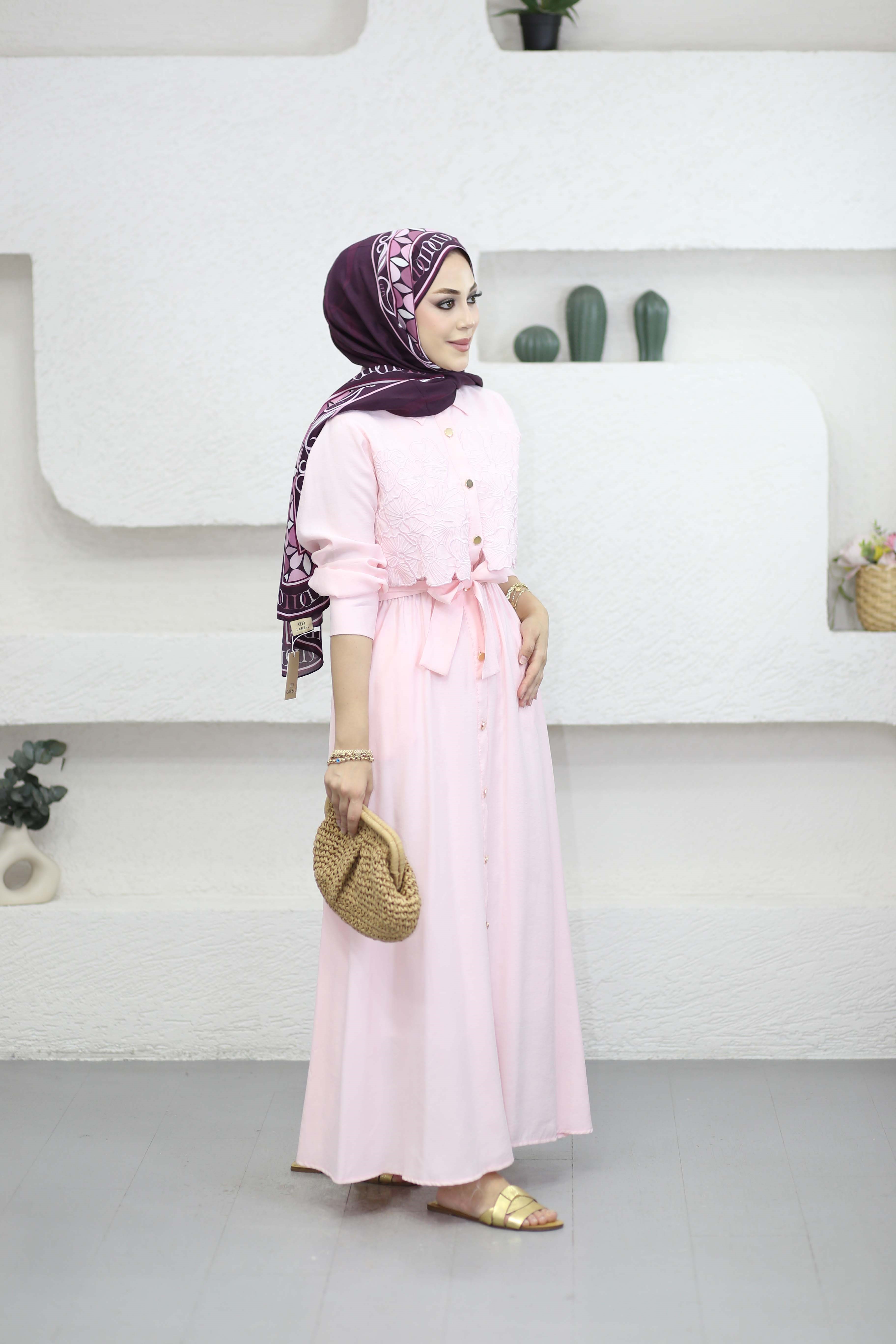 Nakışlı Modal Elbise Pembe 3130
