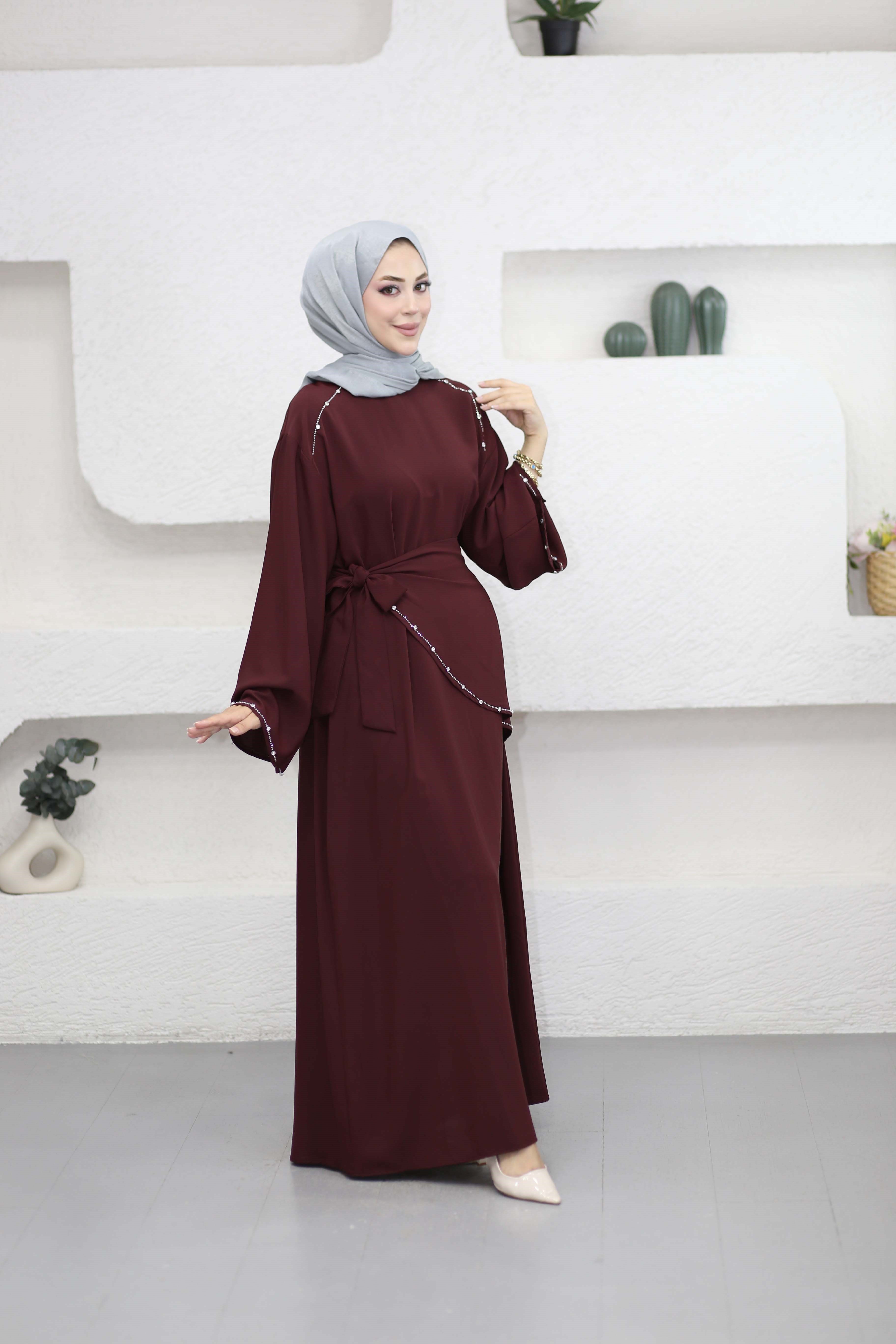 Taş ve Kruvaze Detaylı Elbise Bordo 26122