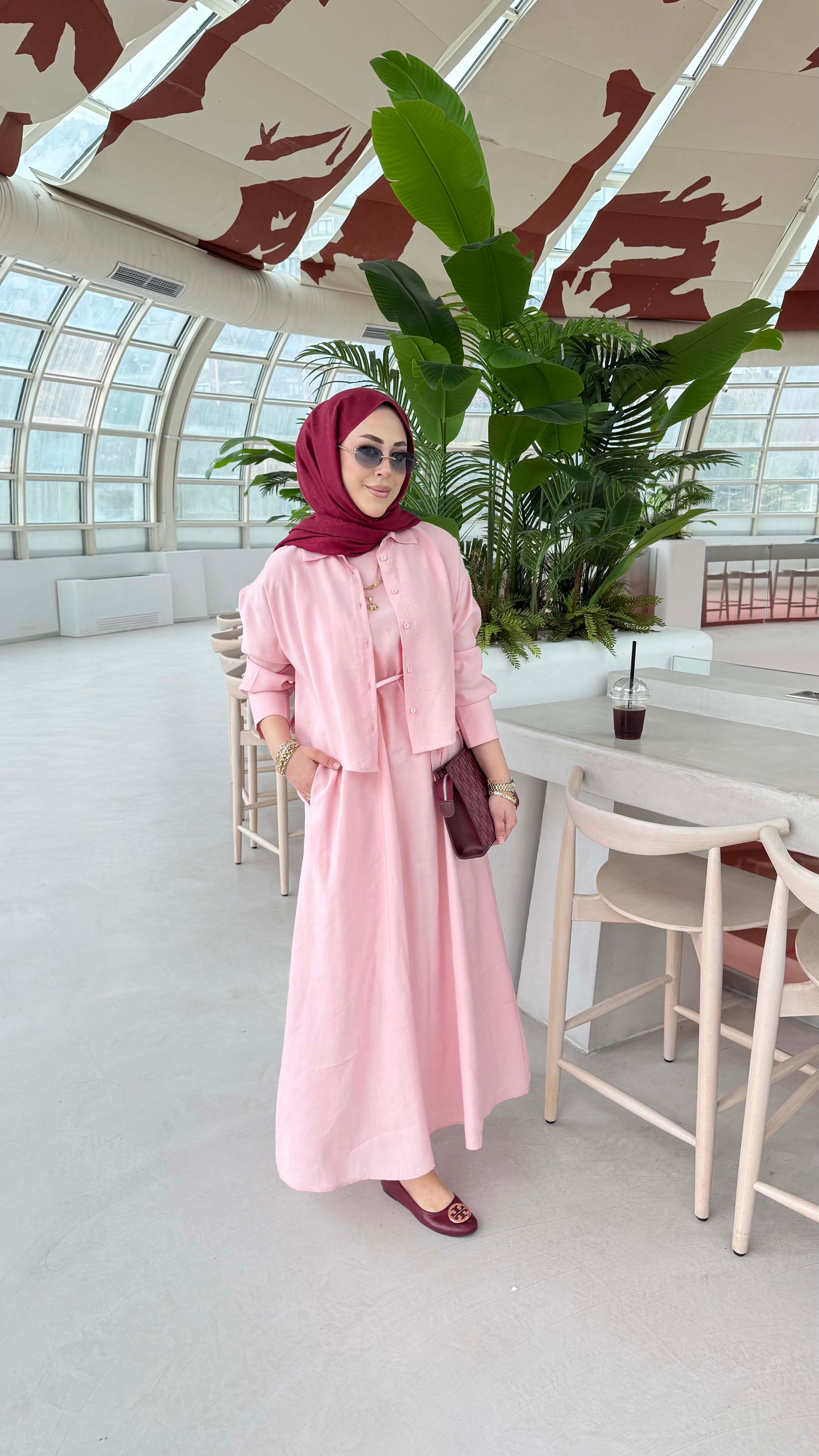 Beli Kuşaklı İkili Elbise Şeker Pembe 2770