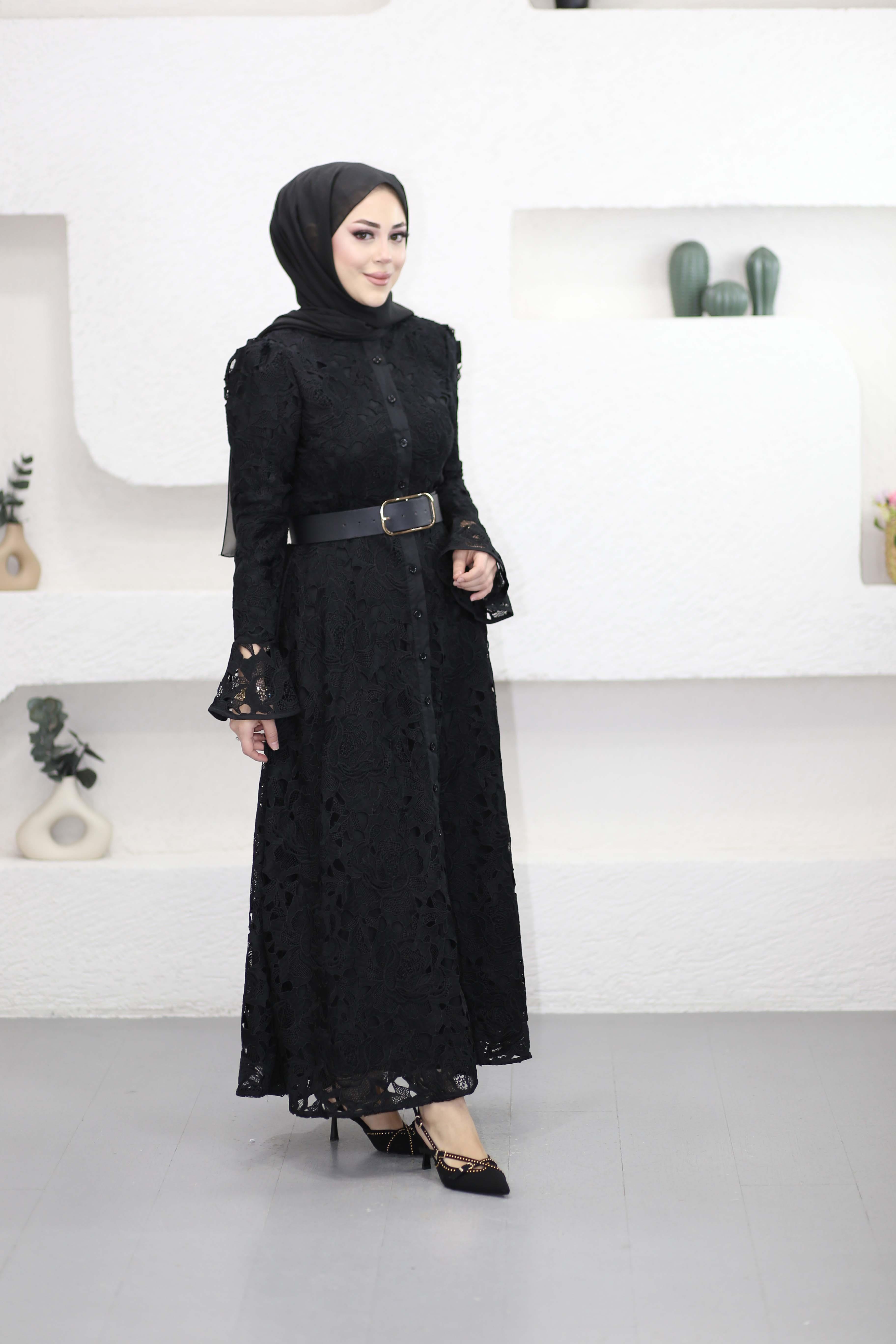 Kemerli Dantel Tasarım Elbise Siyah 2159