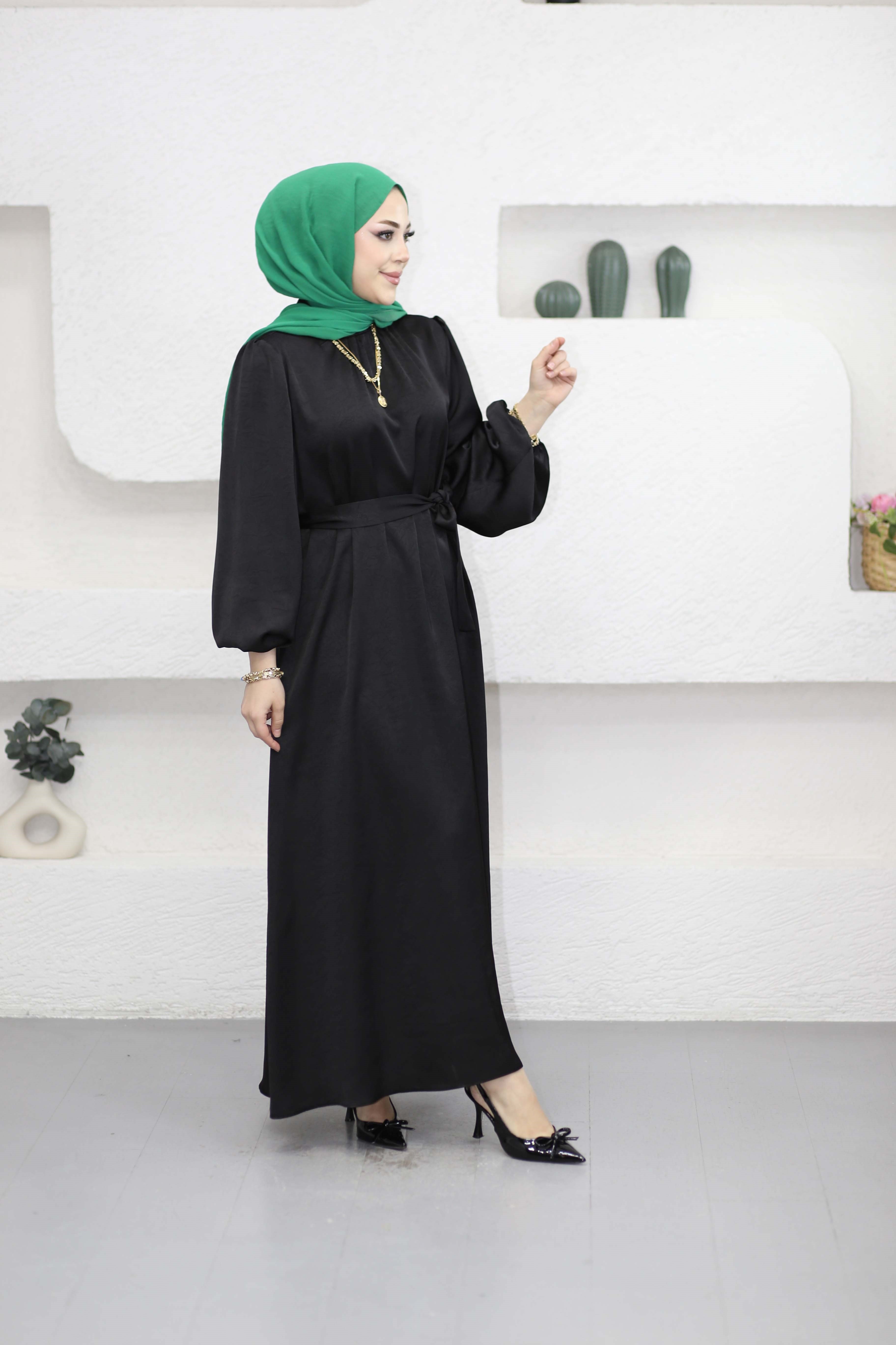 Damar Desenli Elbise Siyah 9771