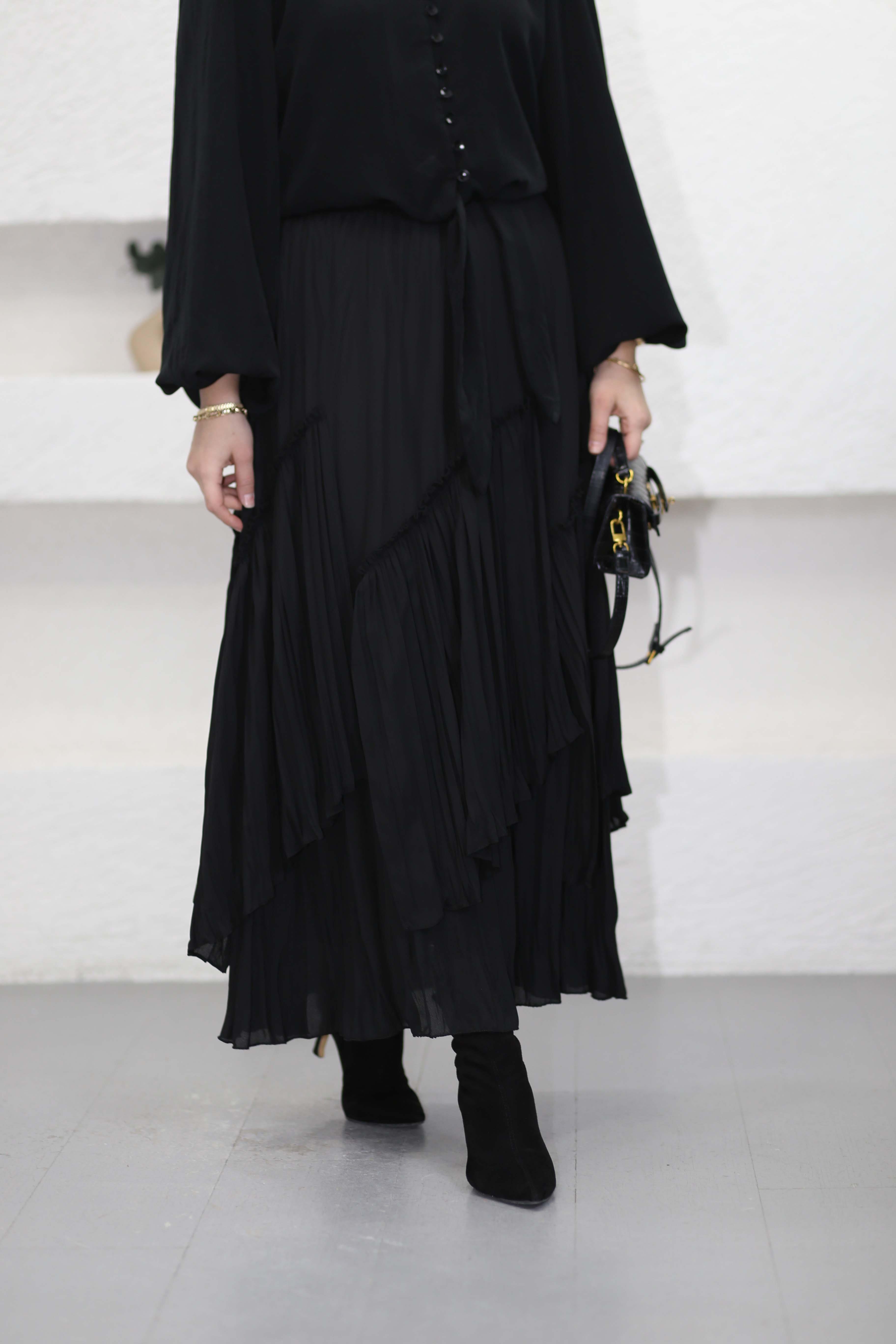 Katlı Şifon Etek Siyah 1477