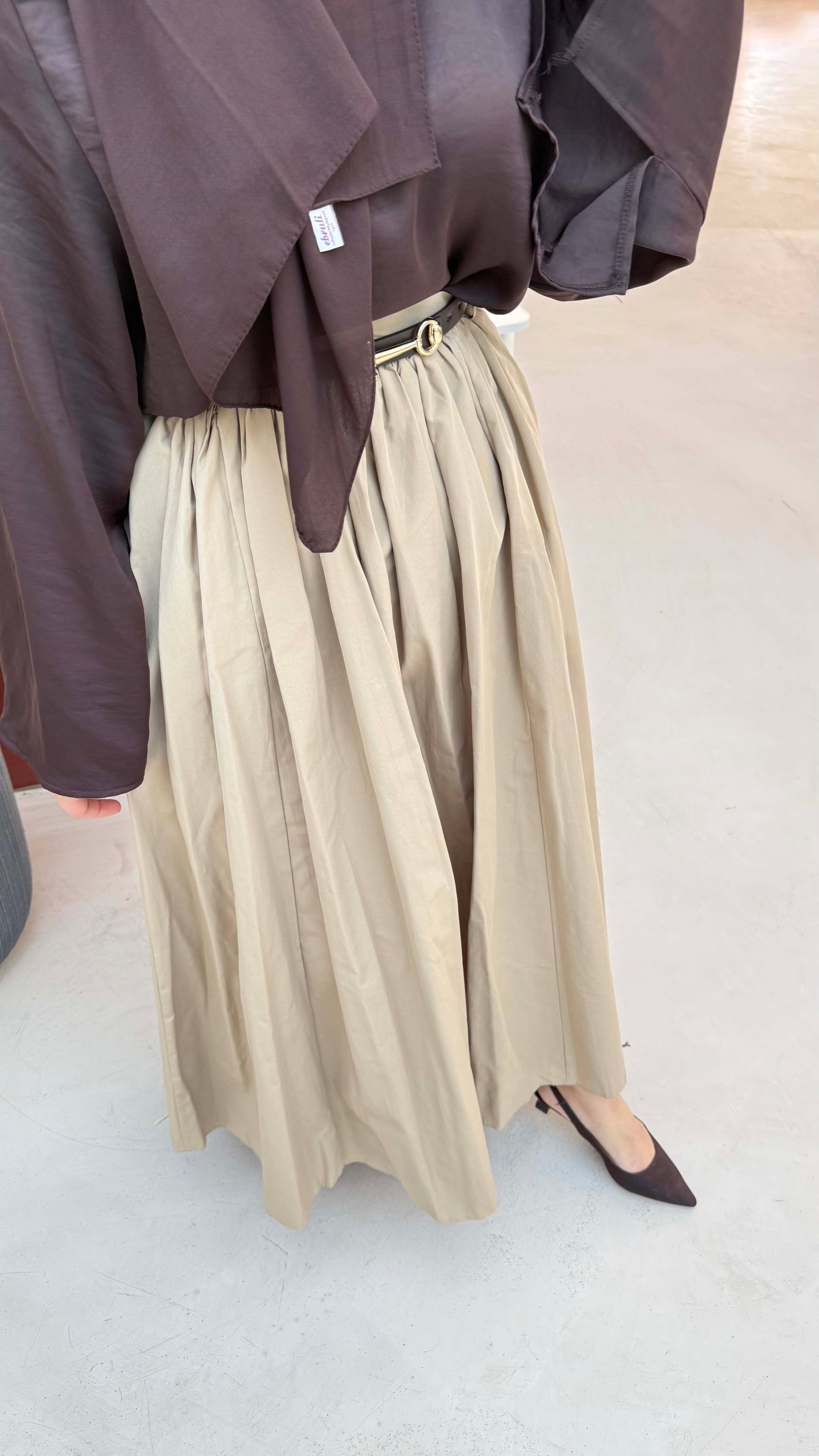 Kemerli Poplin Etek Camel 546