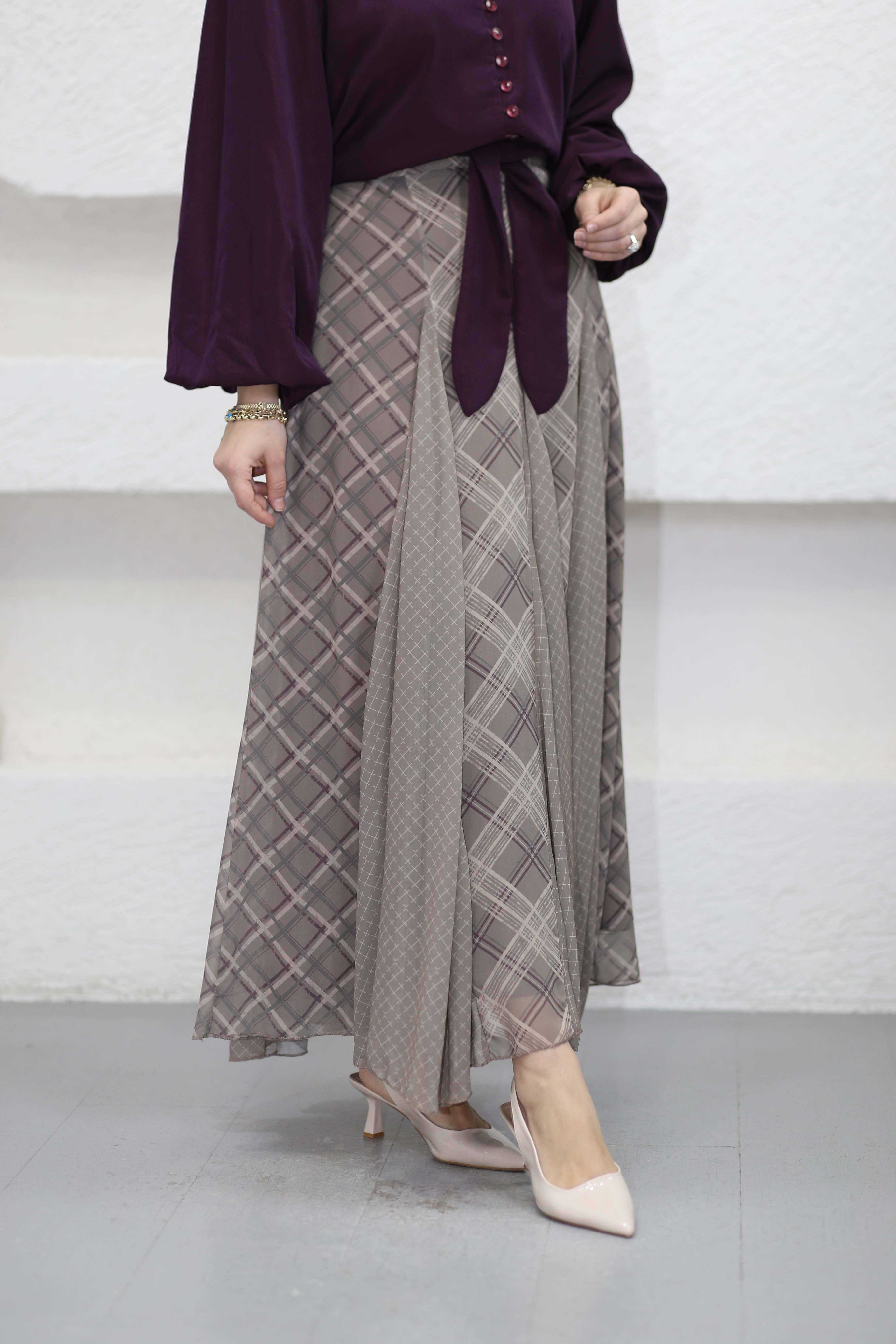 Baskılı Şifon Etek Vizon 8258