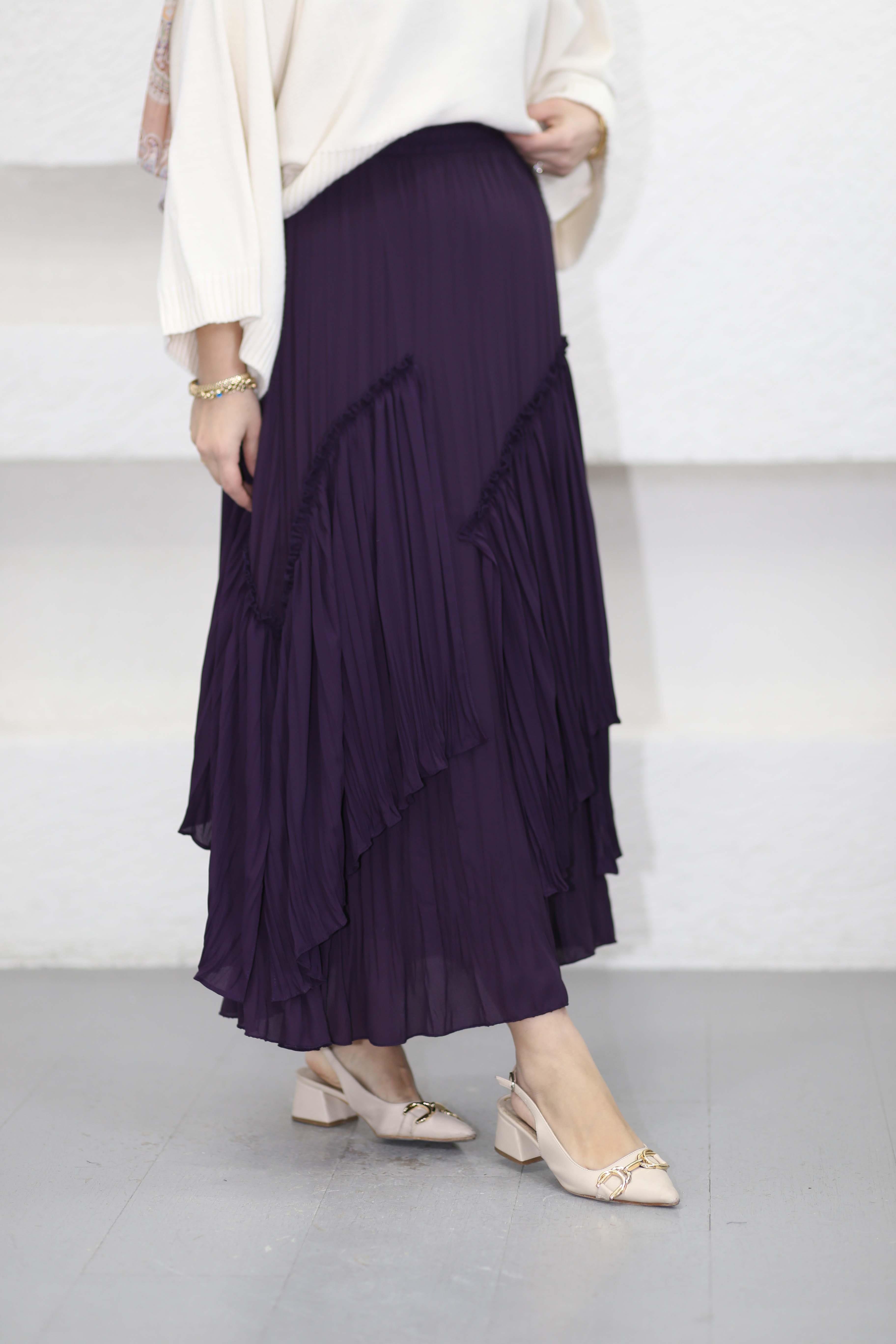 Katlı Şifon Etek Mor 1477