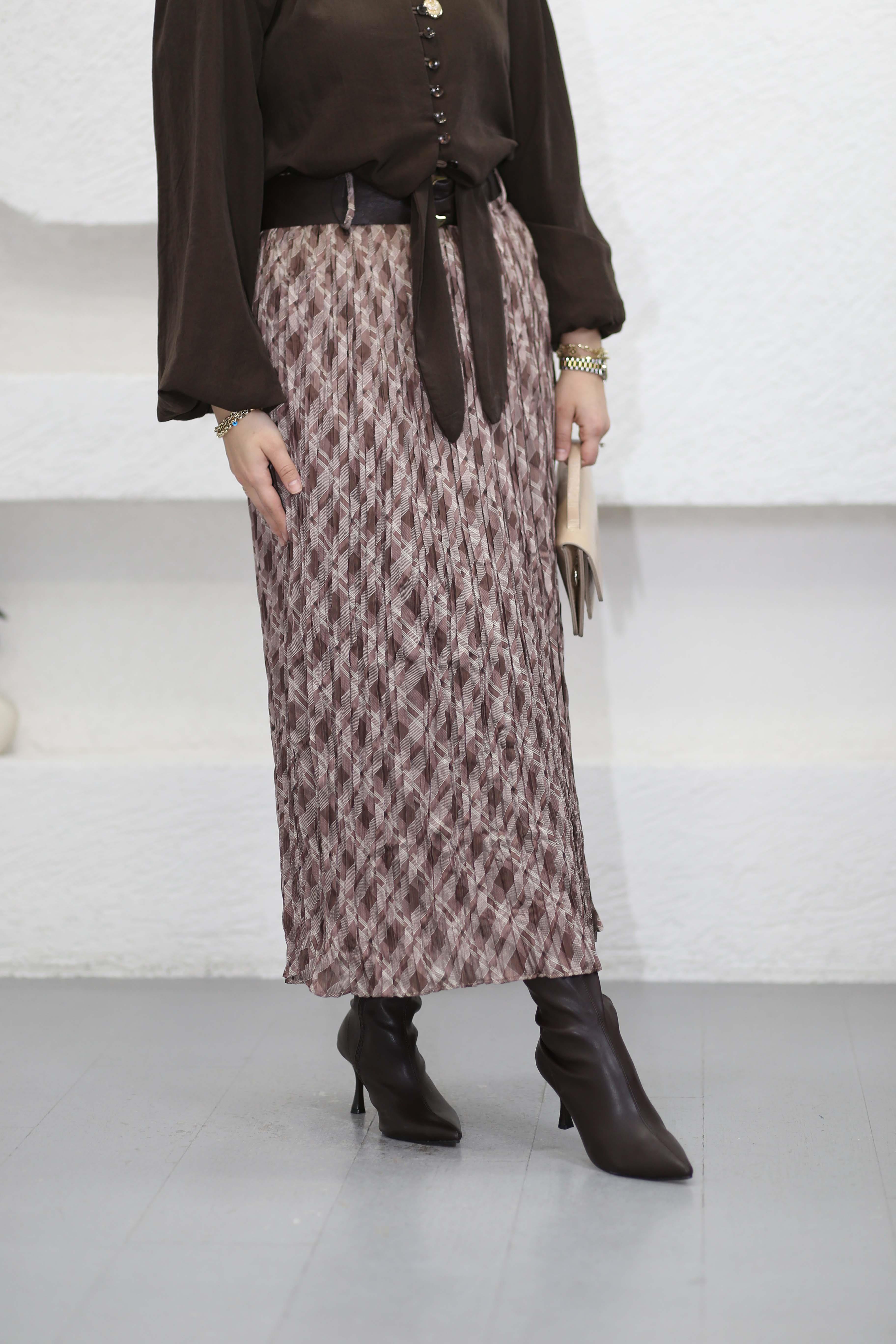 Kemerli Sık Pile Etek Sütlü Kahve 9538