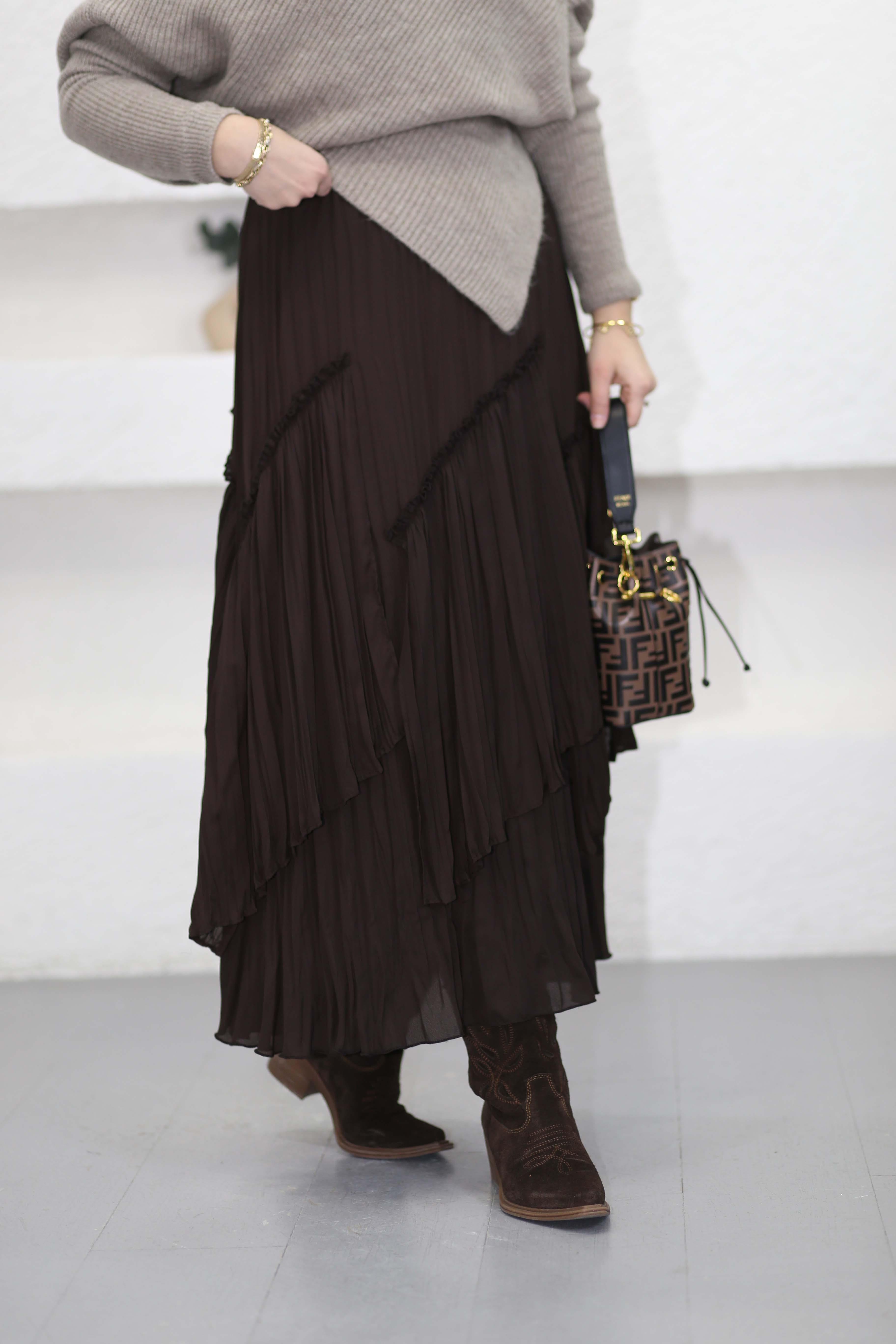 Katlı Şifon Etek Kahverengi 1477