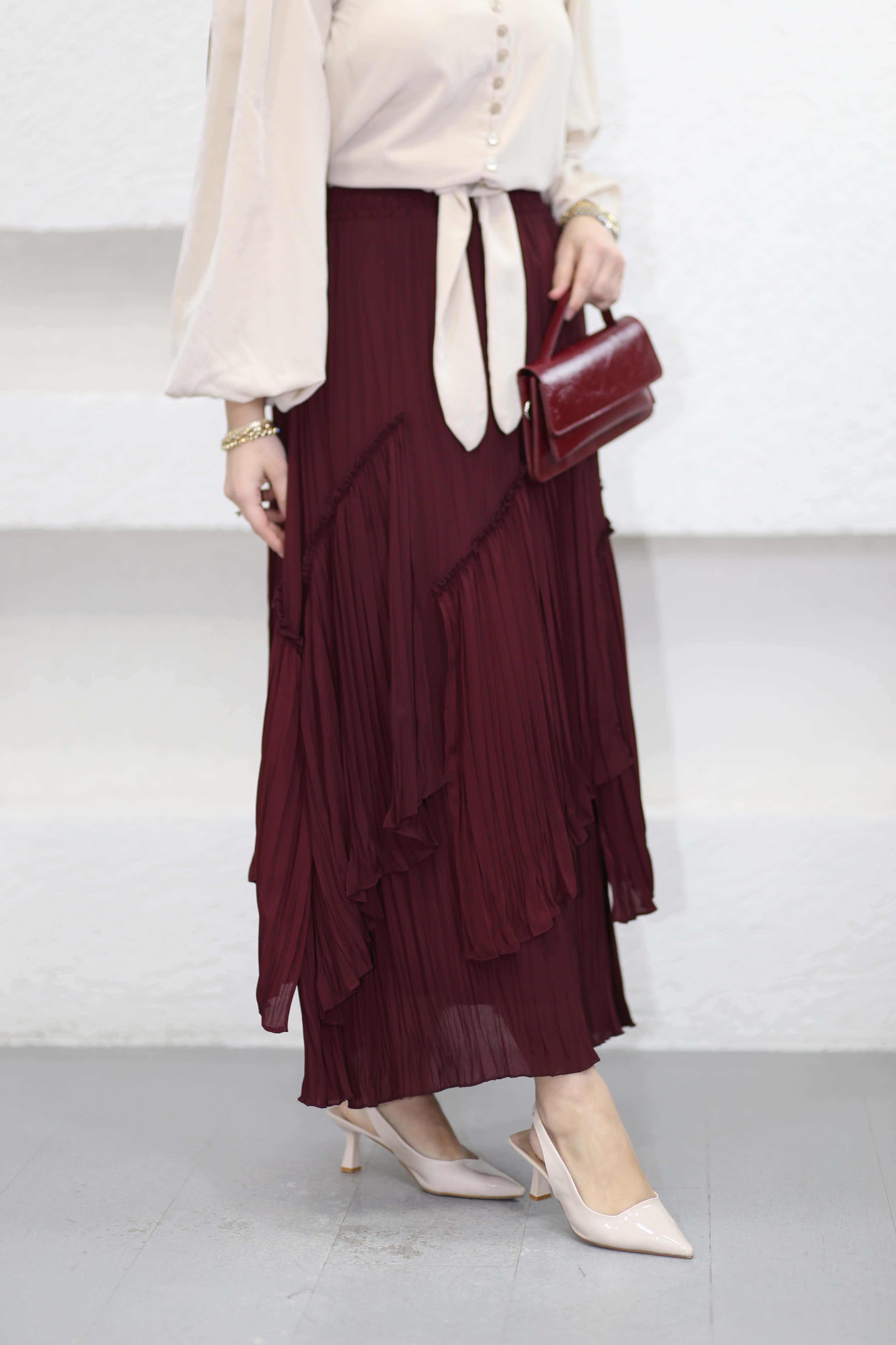 Katlı Şifon Etek Bordo 1477