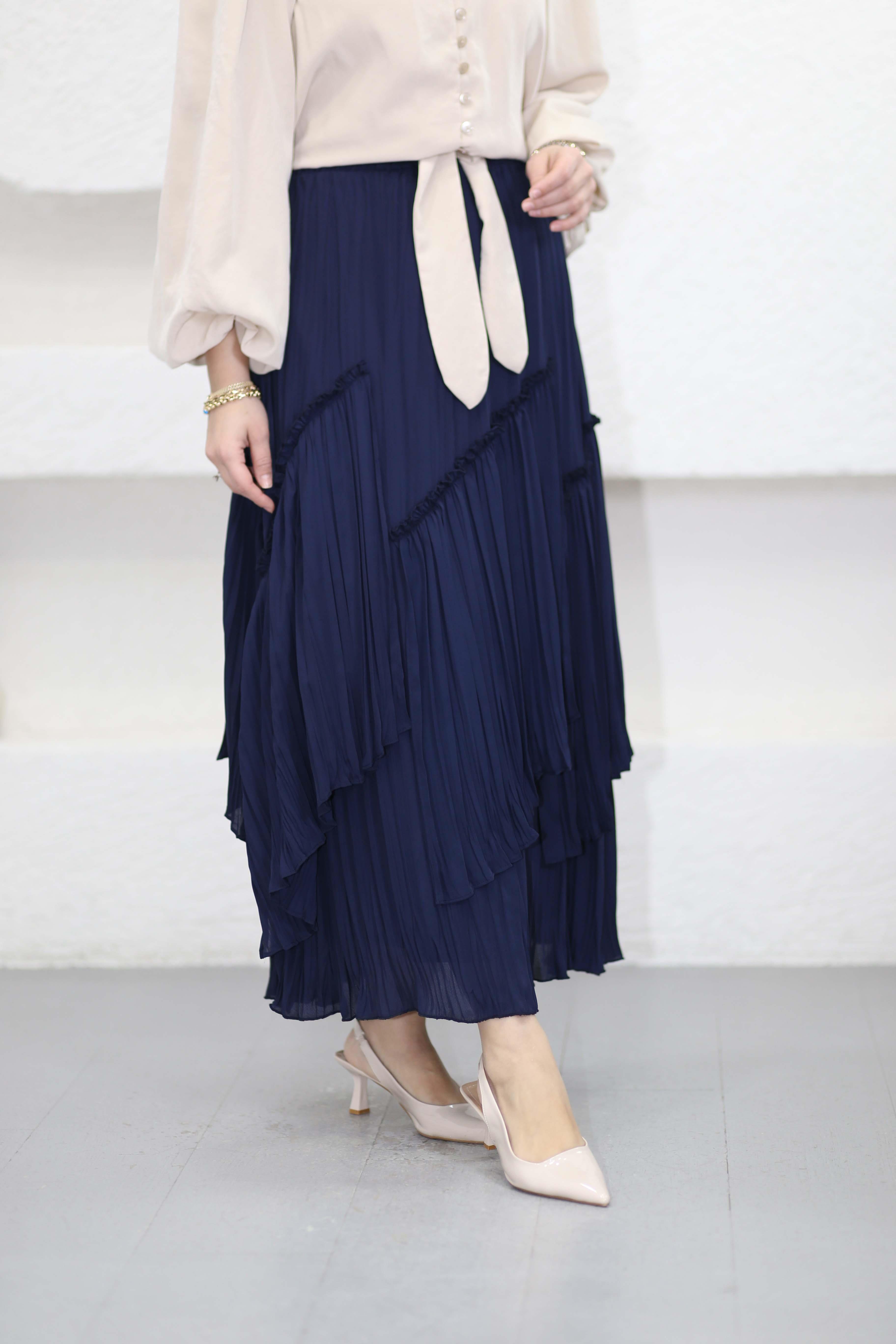 Katlı Şifon Etek Lacivert 1477