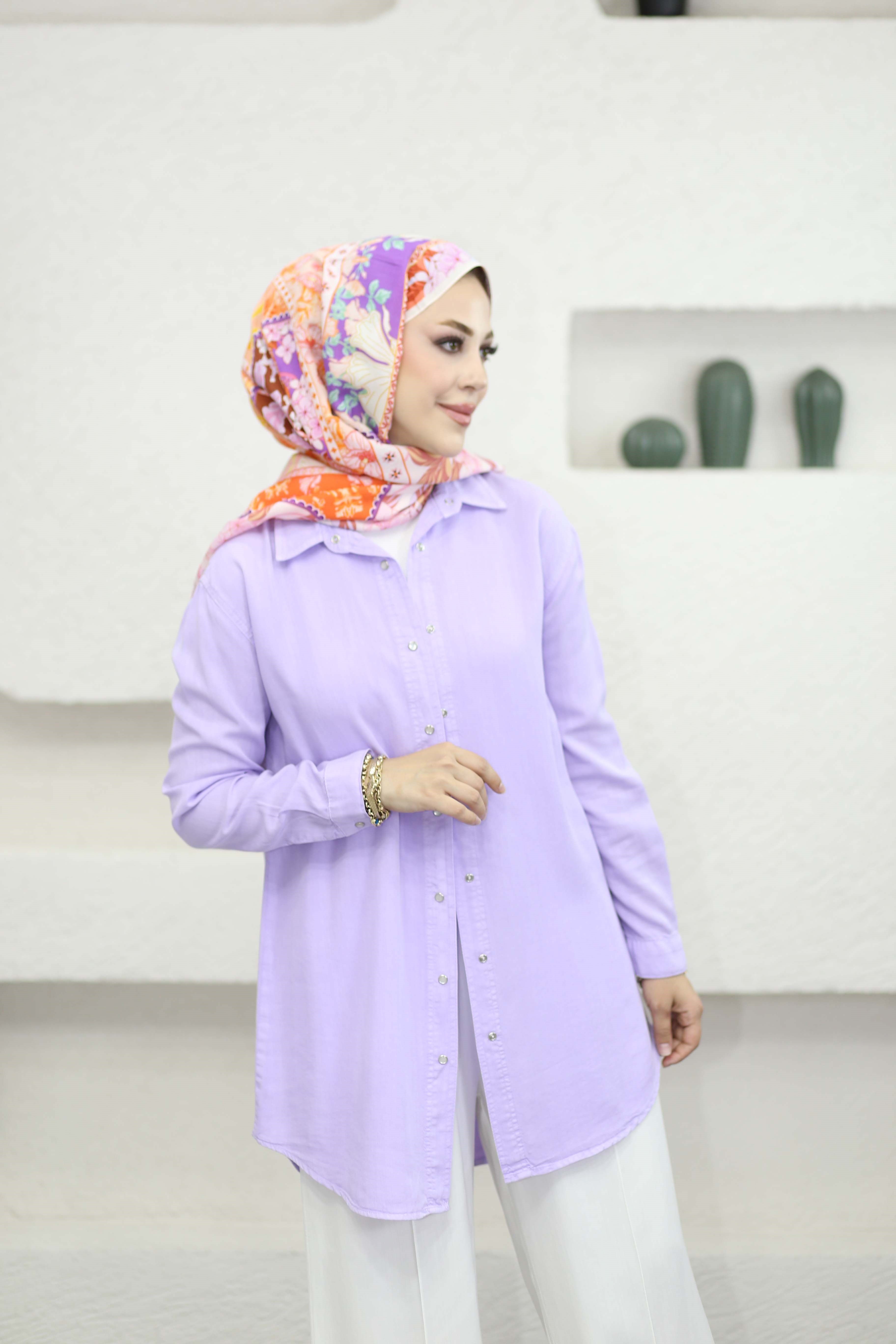 Çıtçıtlı Tencel Gömlek Lila 7546