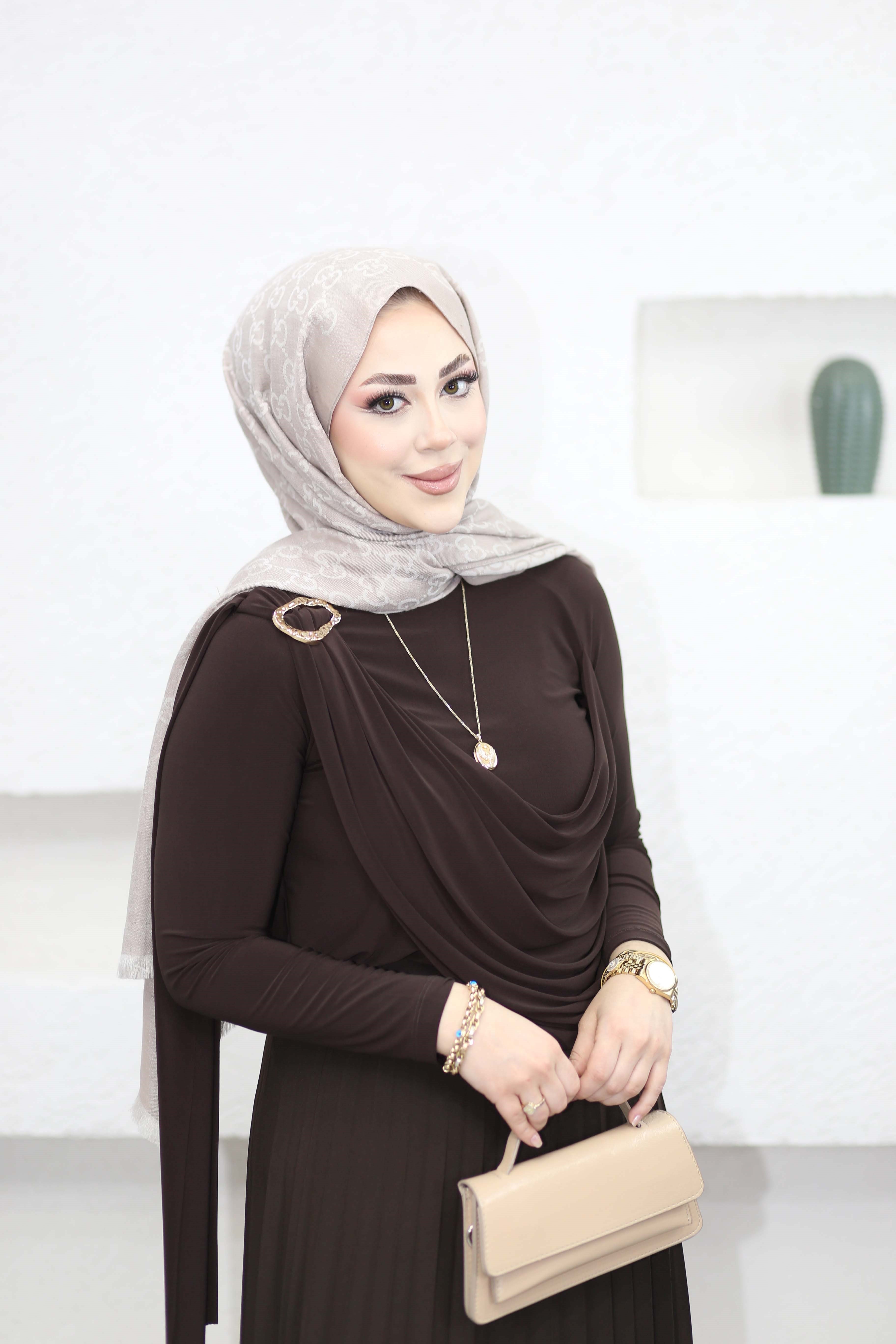 Şal Detaylı Sandy Bluz Kahverengi 9070
