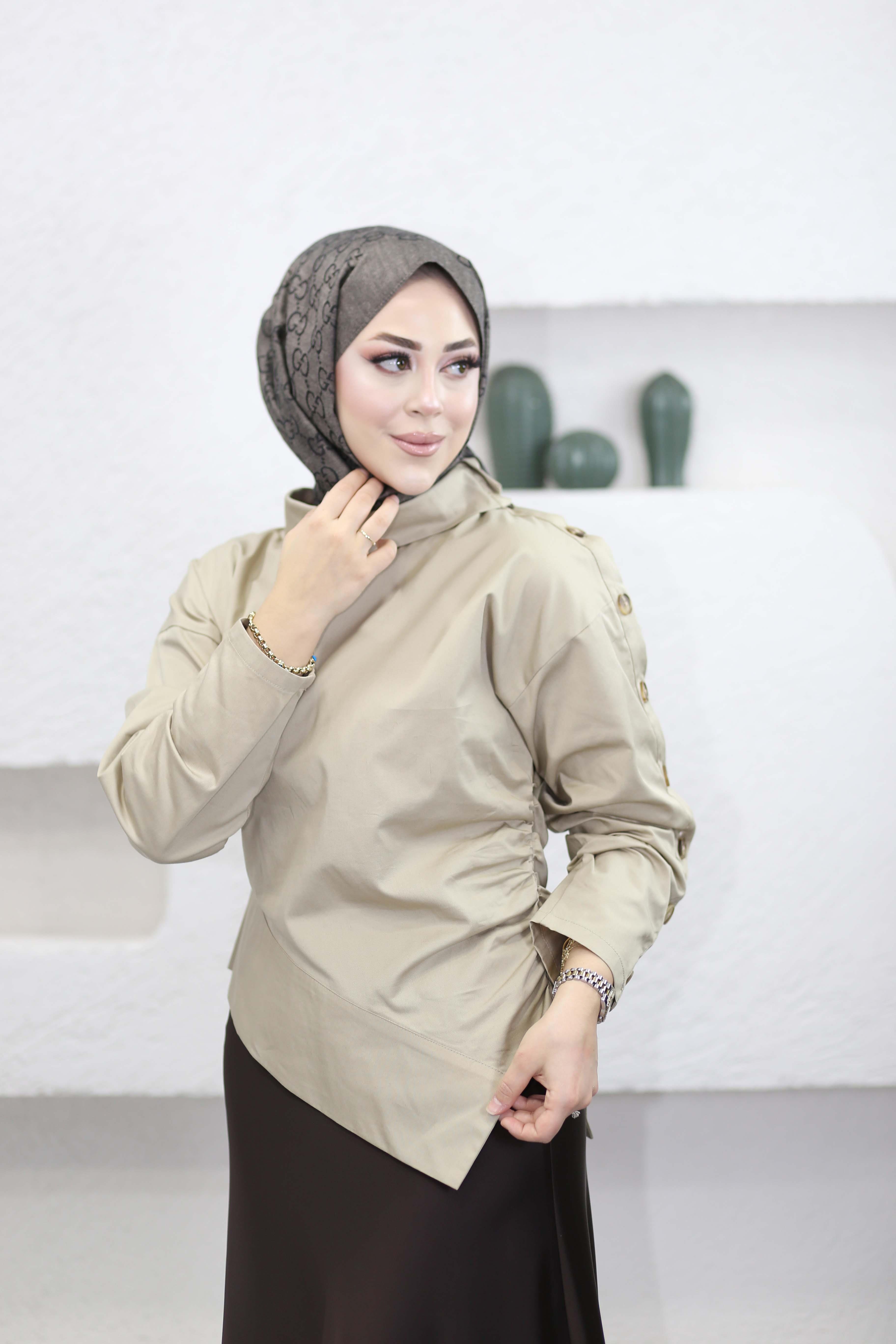 Düğme Detaylı Asimetrik Gömlek Bej 26024