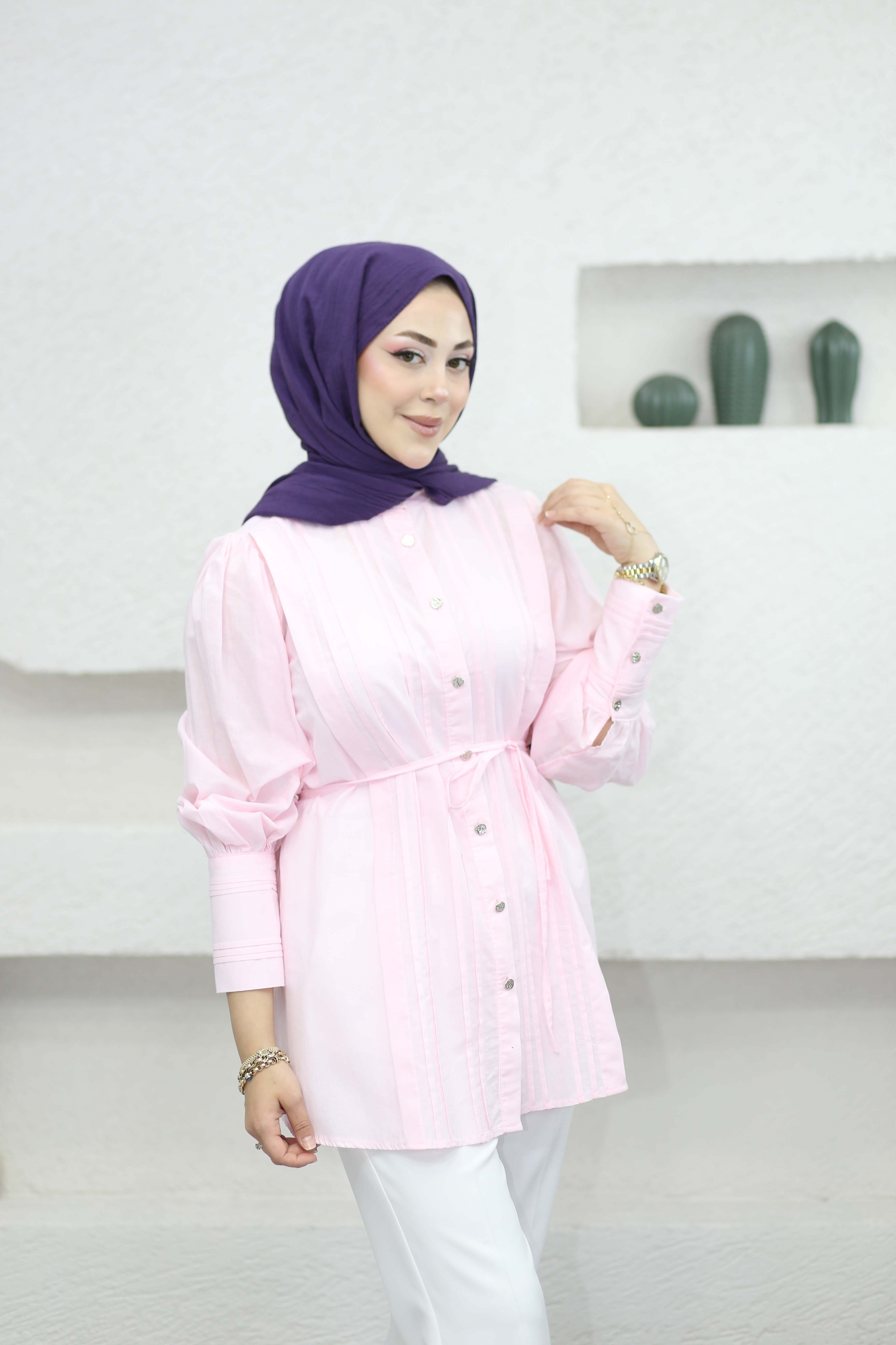 Manşet Nervürlü Vual Gömlek Pembe 8586