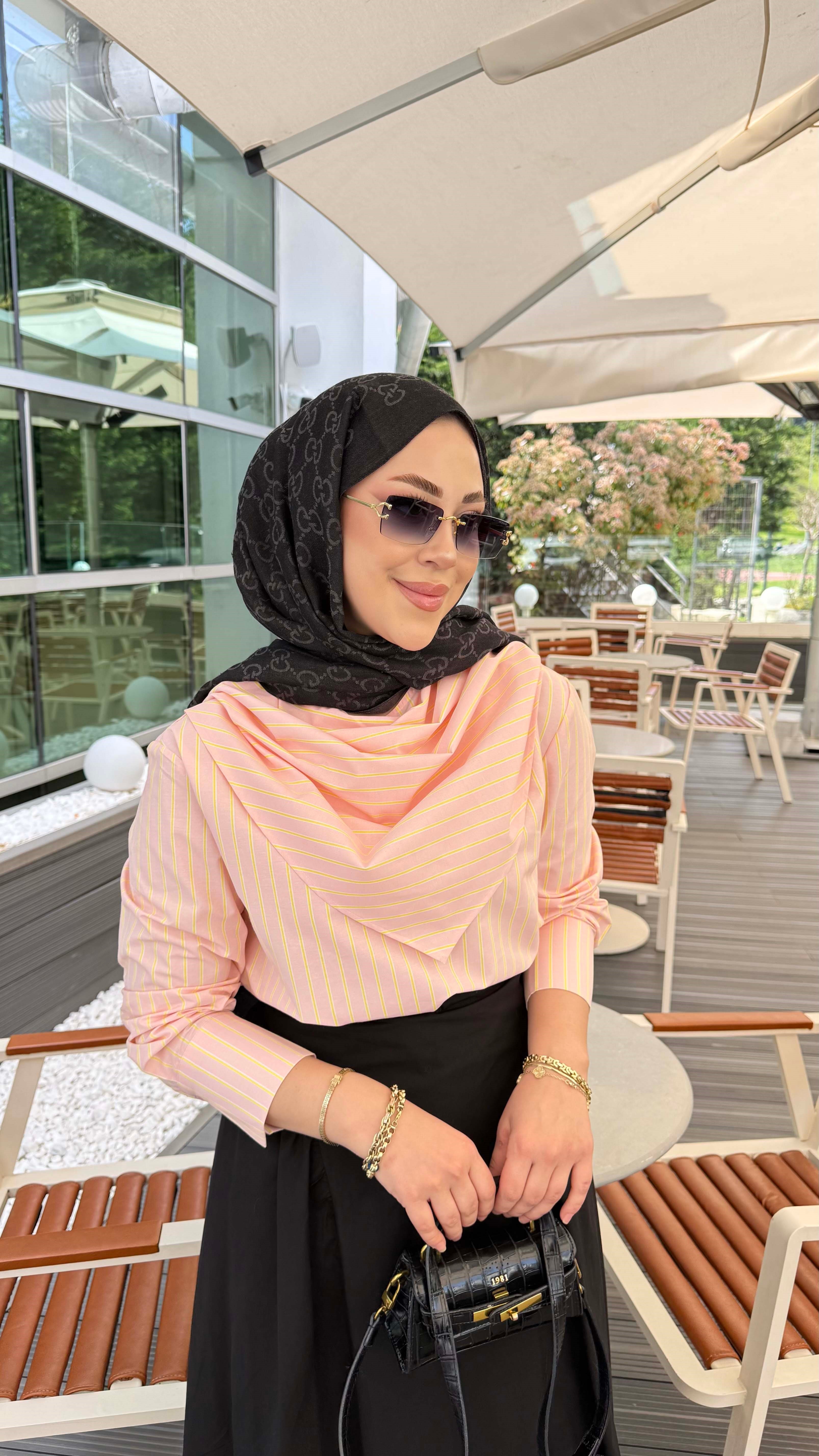 Yaka Fularlı Çizgili Tunik Pudra 26128