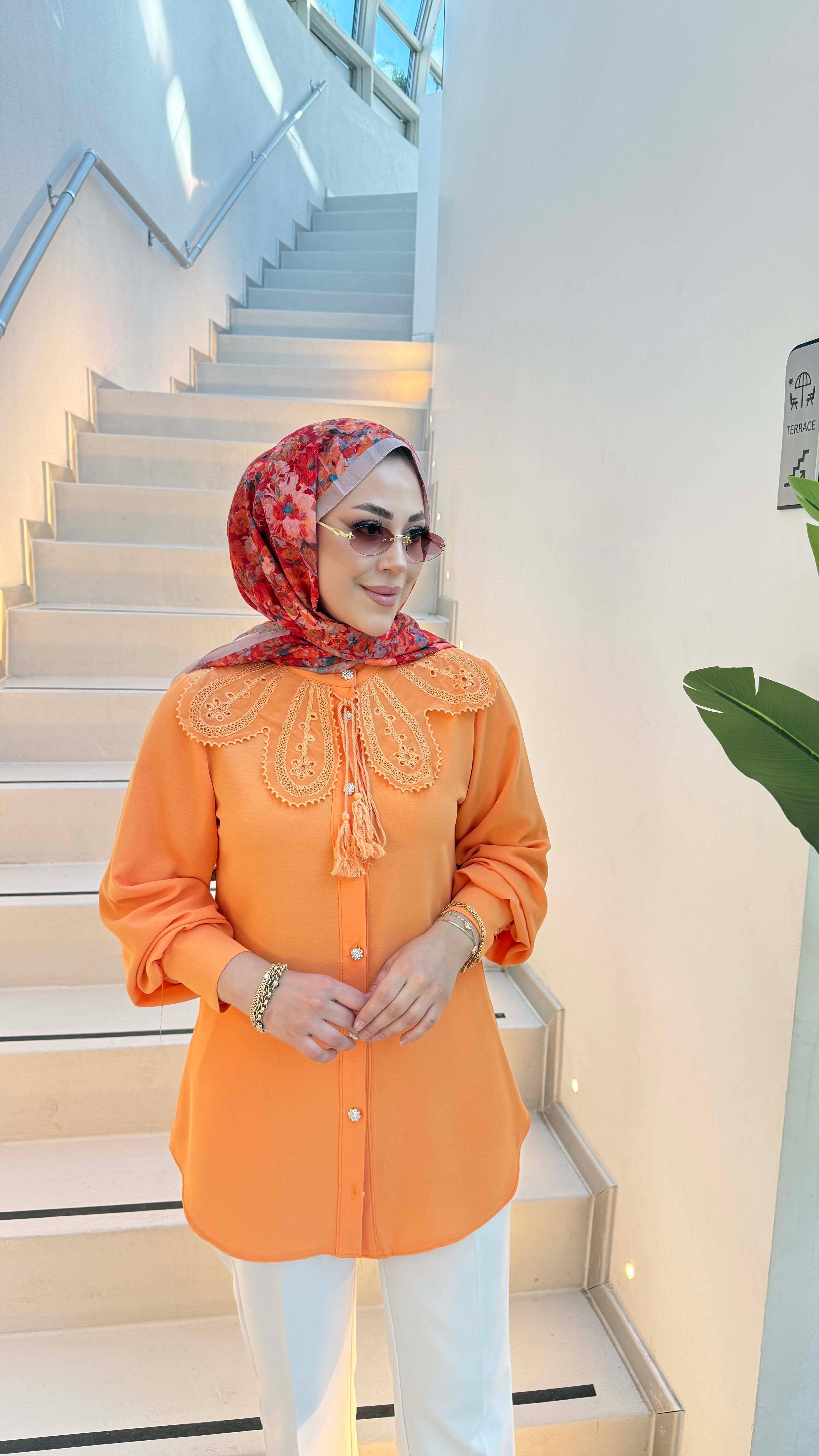 Dantel İp Yakalı Gömlek Turuncu 363