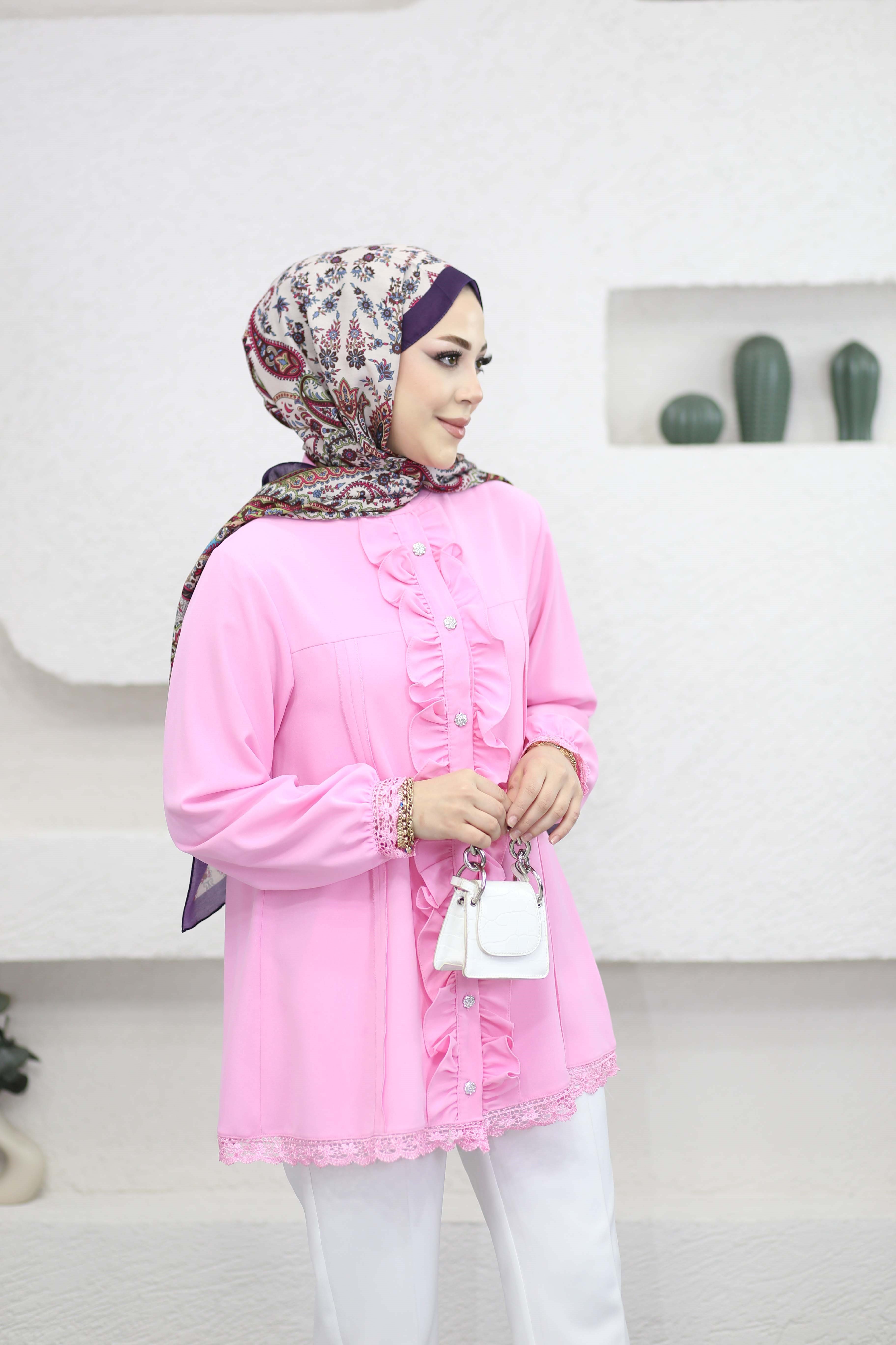 Dantel Detaylı Gömlek Pembe 362
