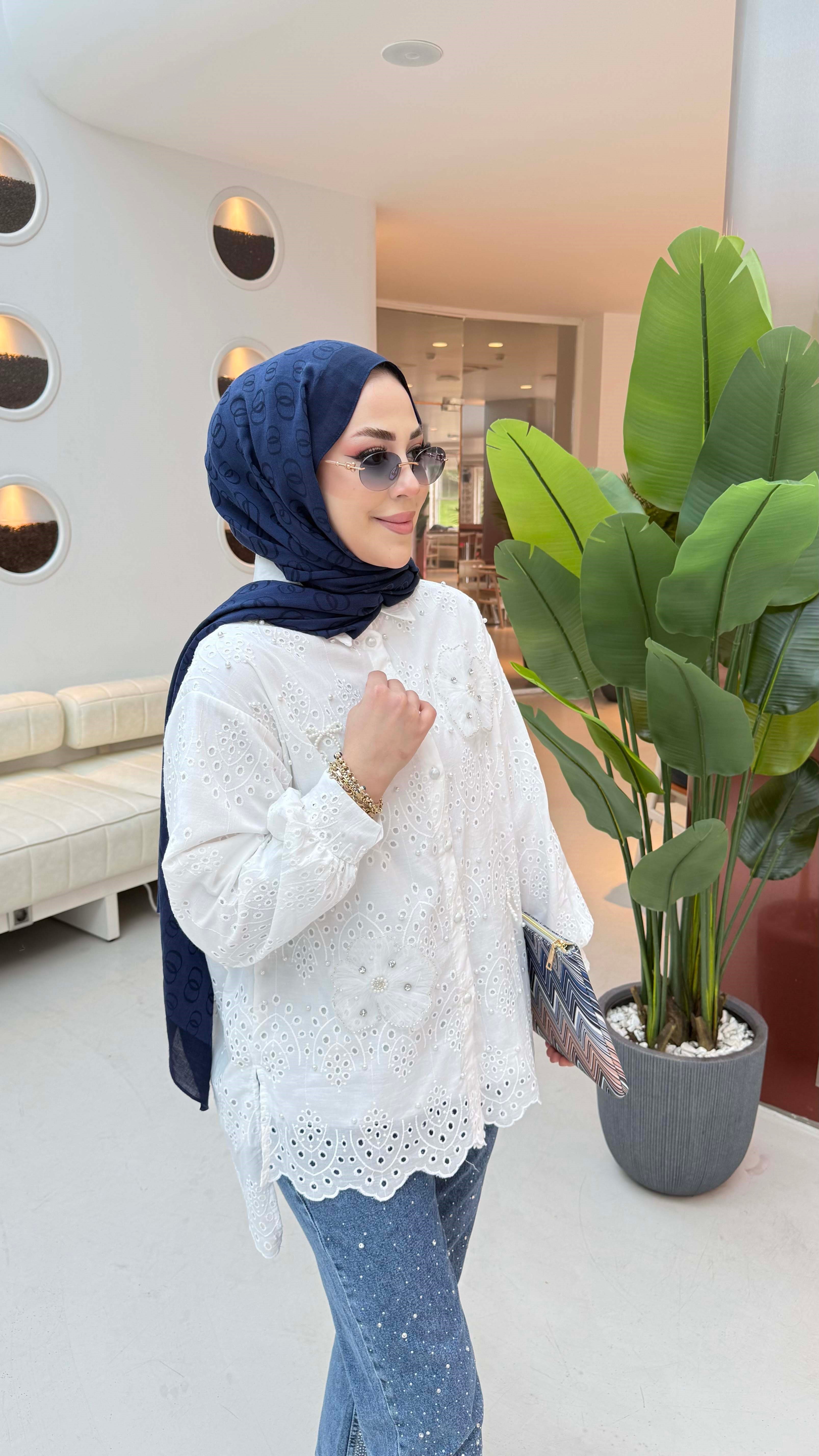 Tül Çiçek İncili Gömlek Beyaz 2004