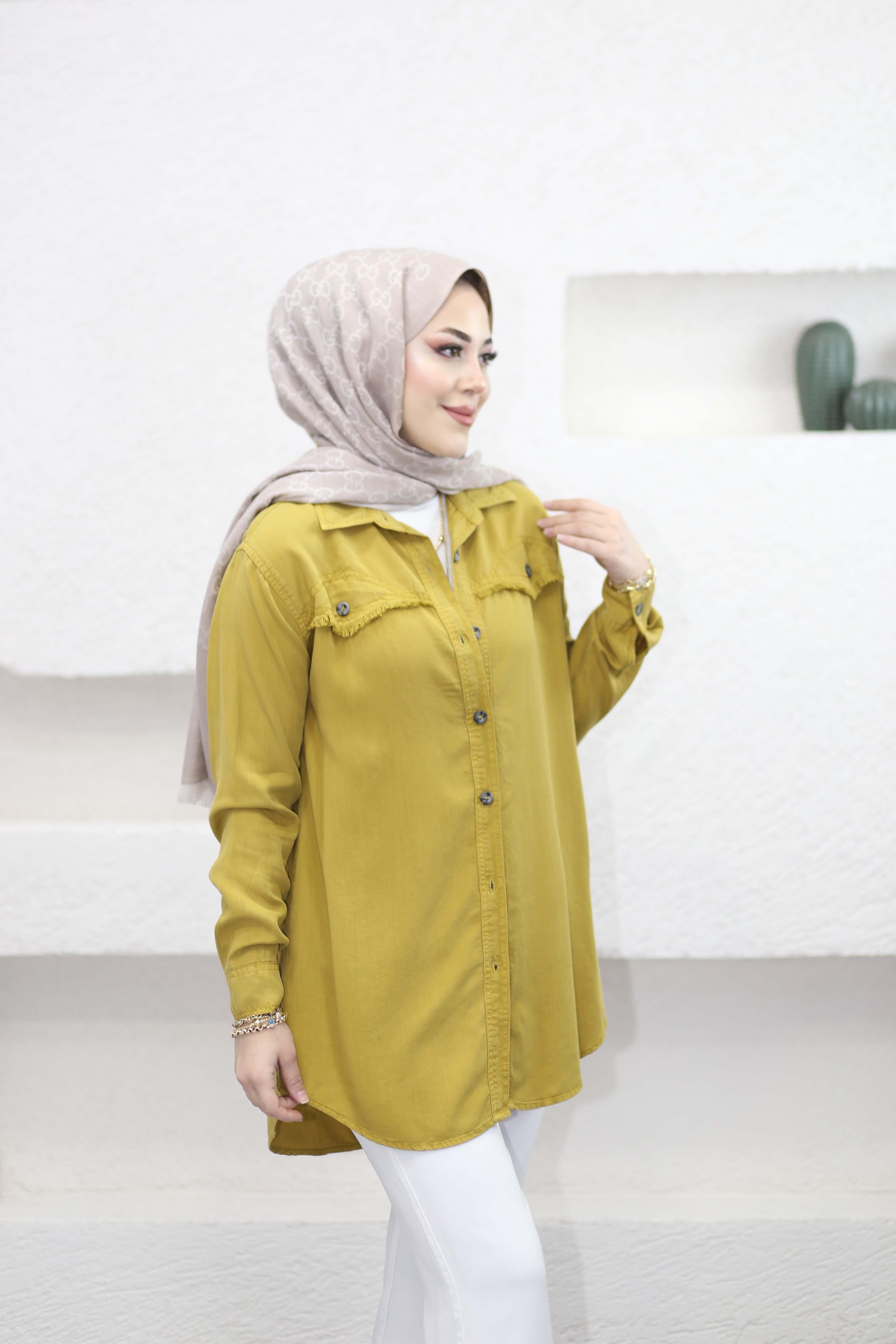 Düğmeli Tencel Gömlek Yağ Yeşili 7484