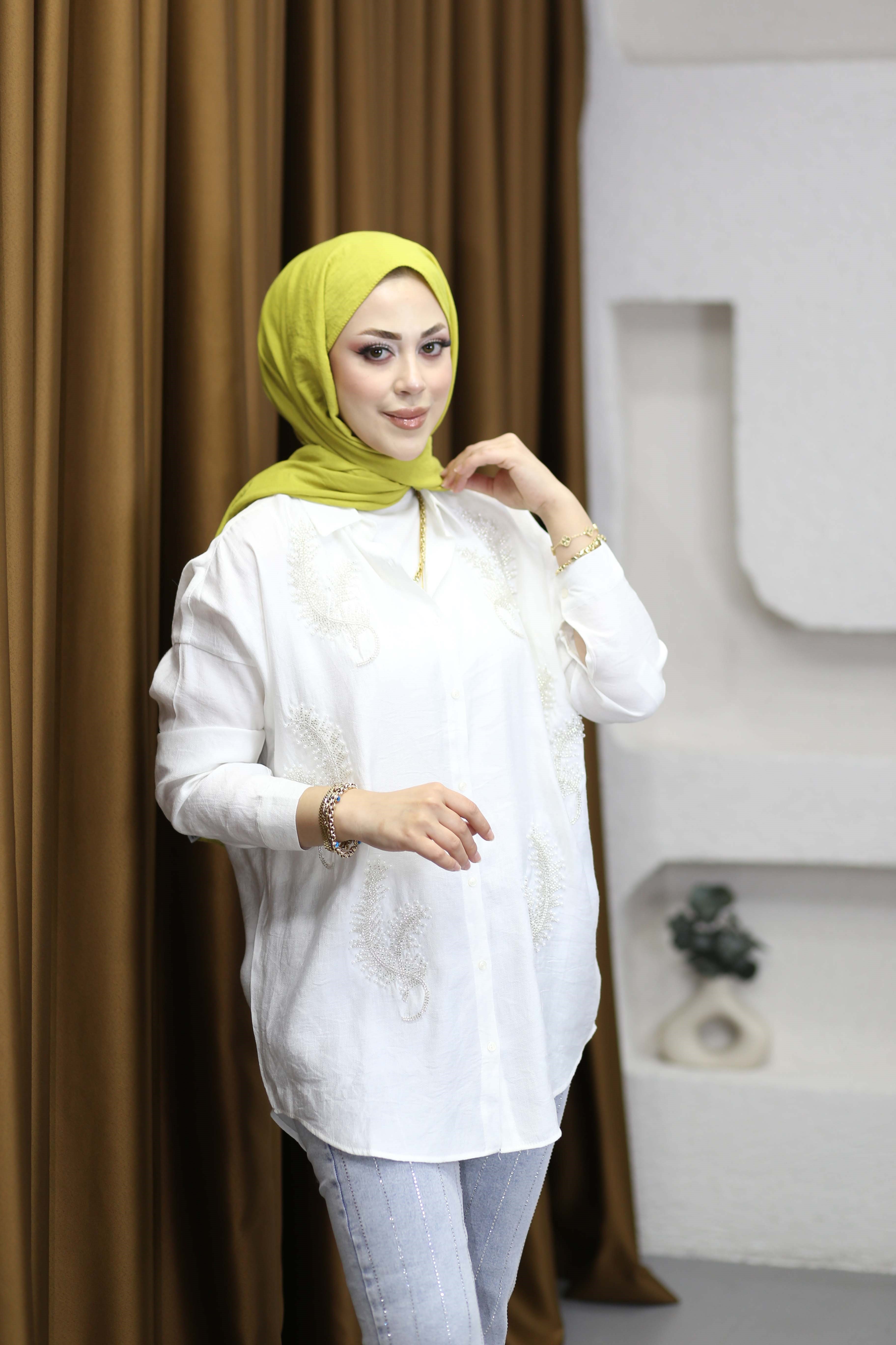 Eliz Nakışlı Gömlek Beyaz 5109
