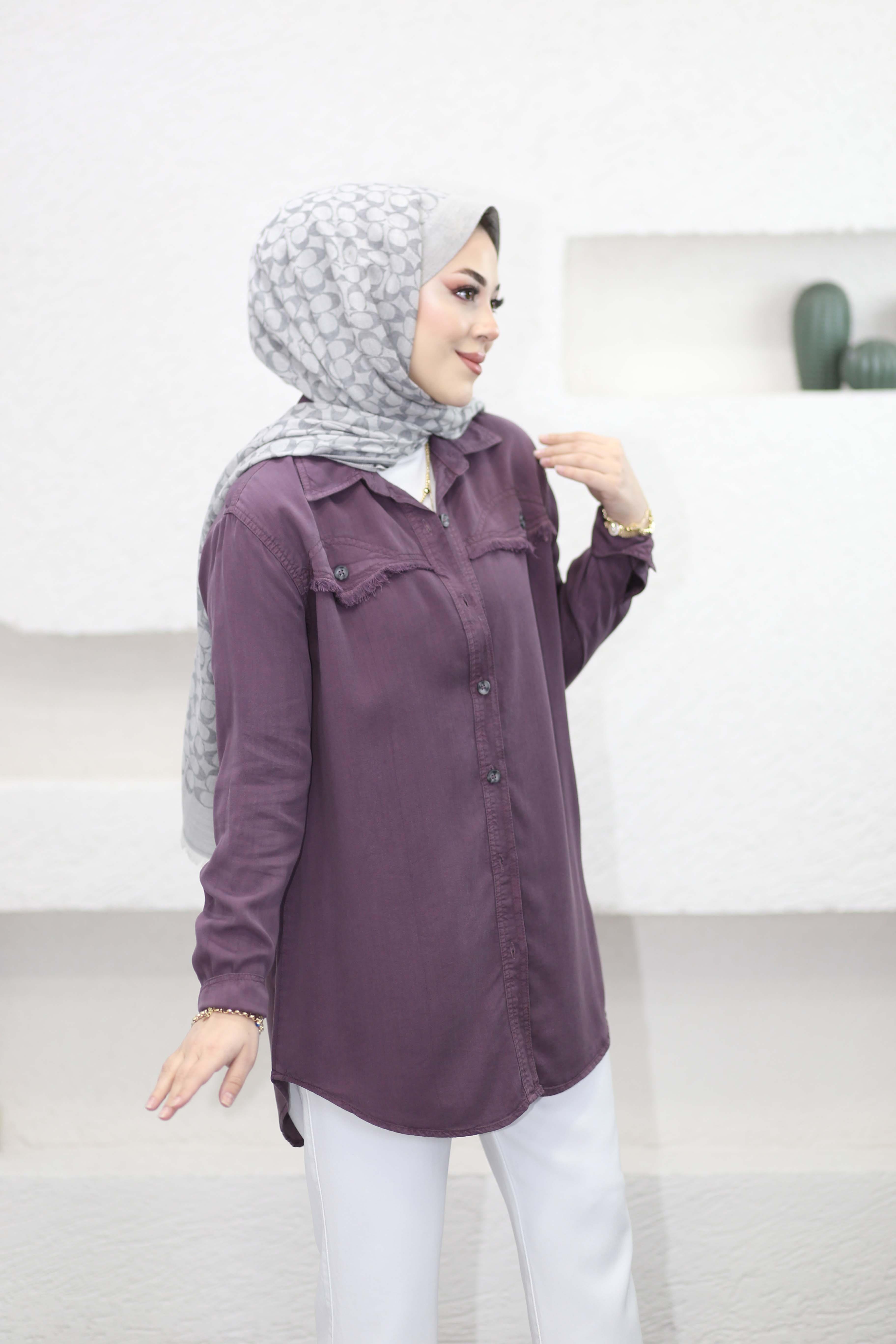 Düğmeli Tencel Gömlek Mürdüm 7484