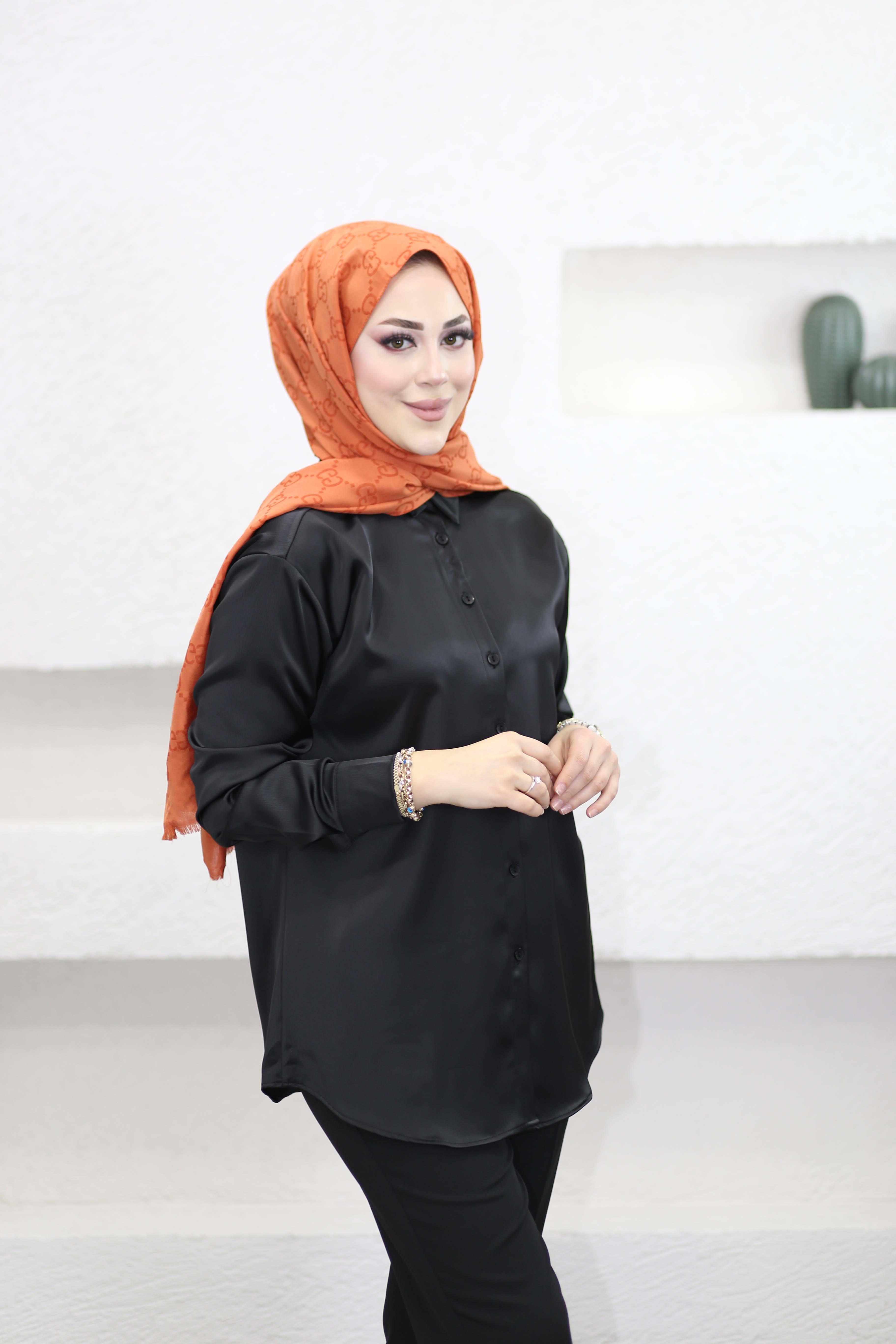 Oversize Saten Gömlek Siyah 2749