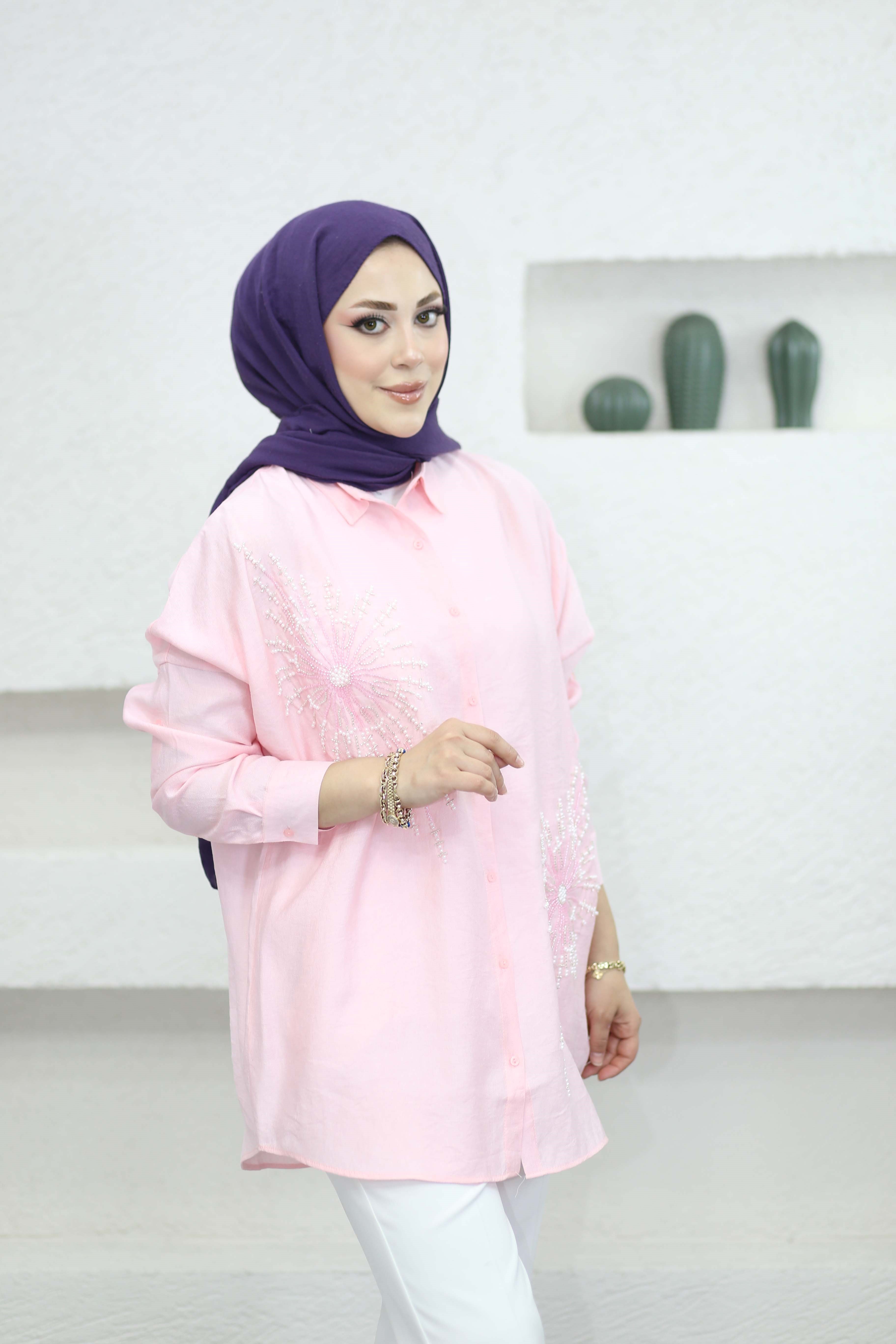 Adel Nakışlı Gömlek Pembe 5408