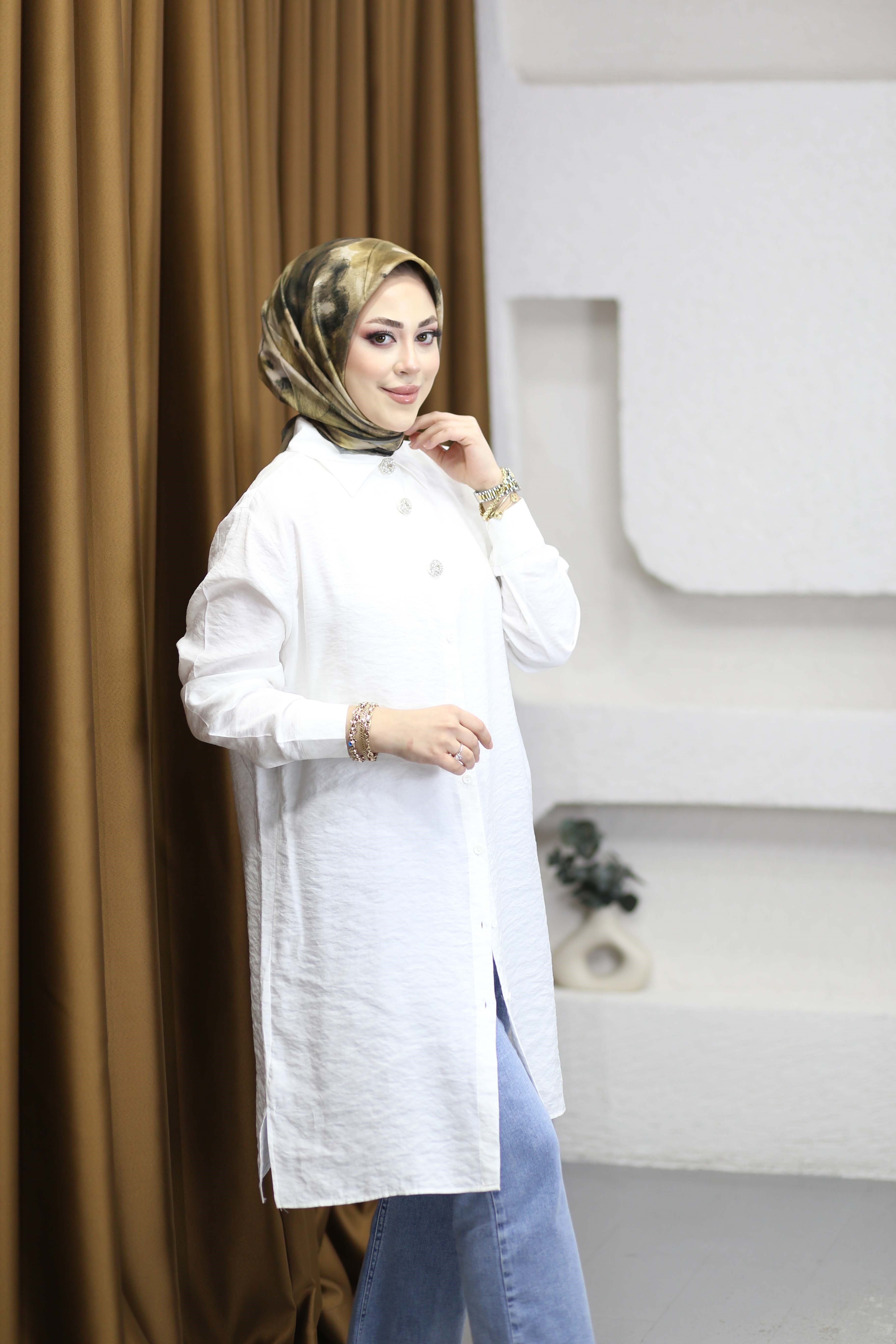 Şeritli Stil Uzun Gömlek Beyaz 260148