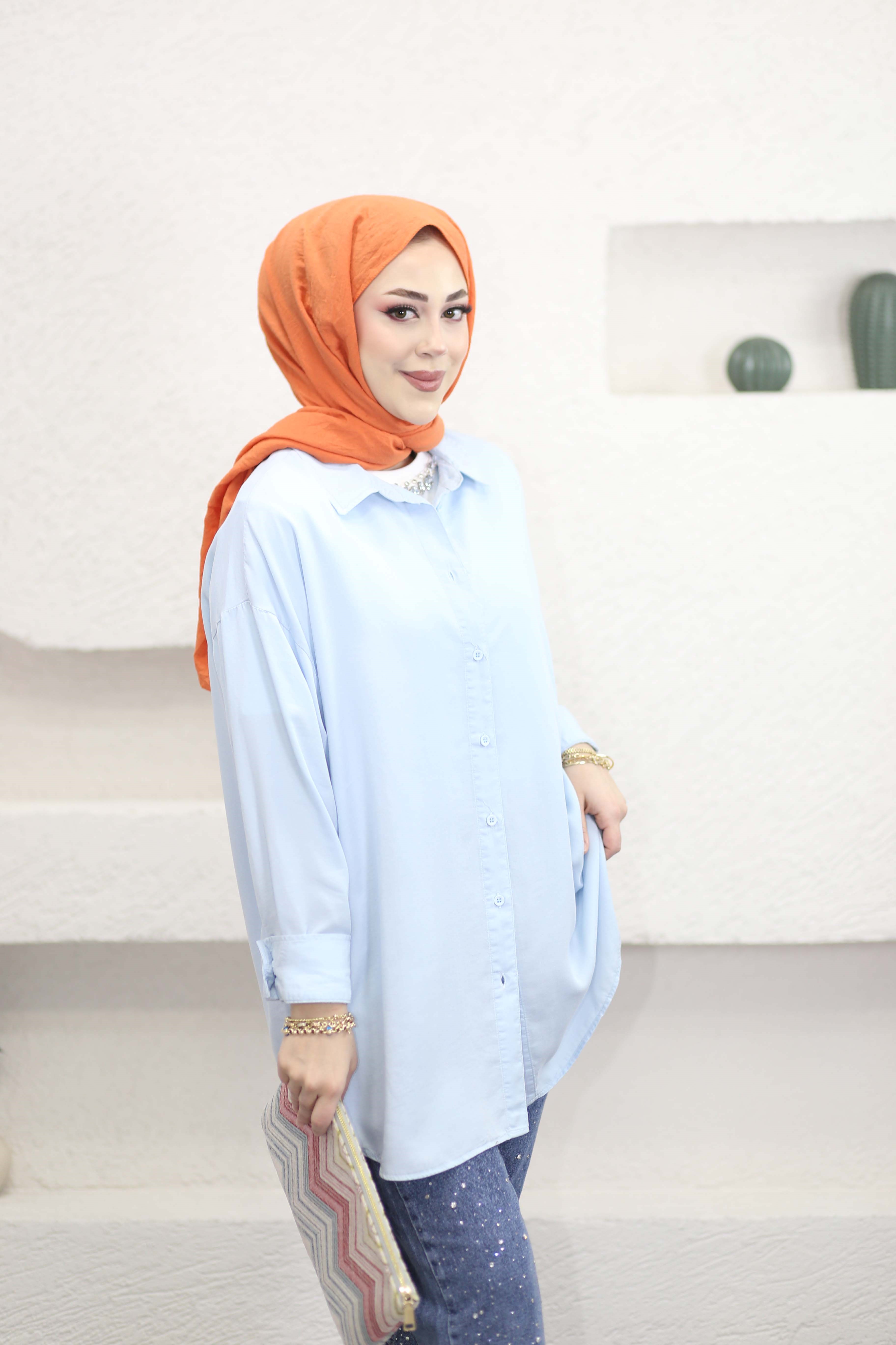 Yıkamalı Iyocell Gömlek Mavi 36215