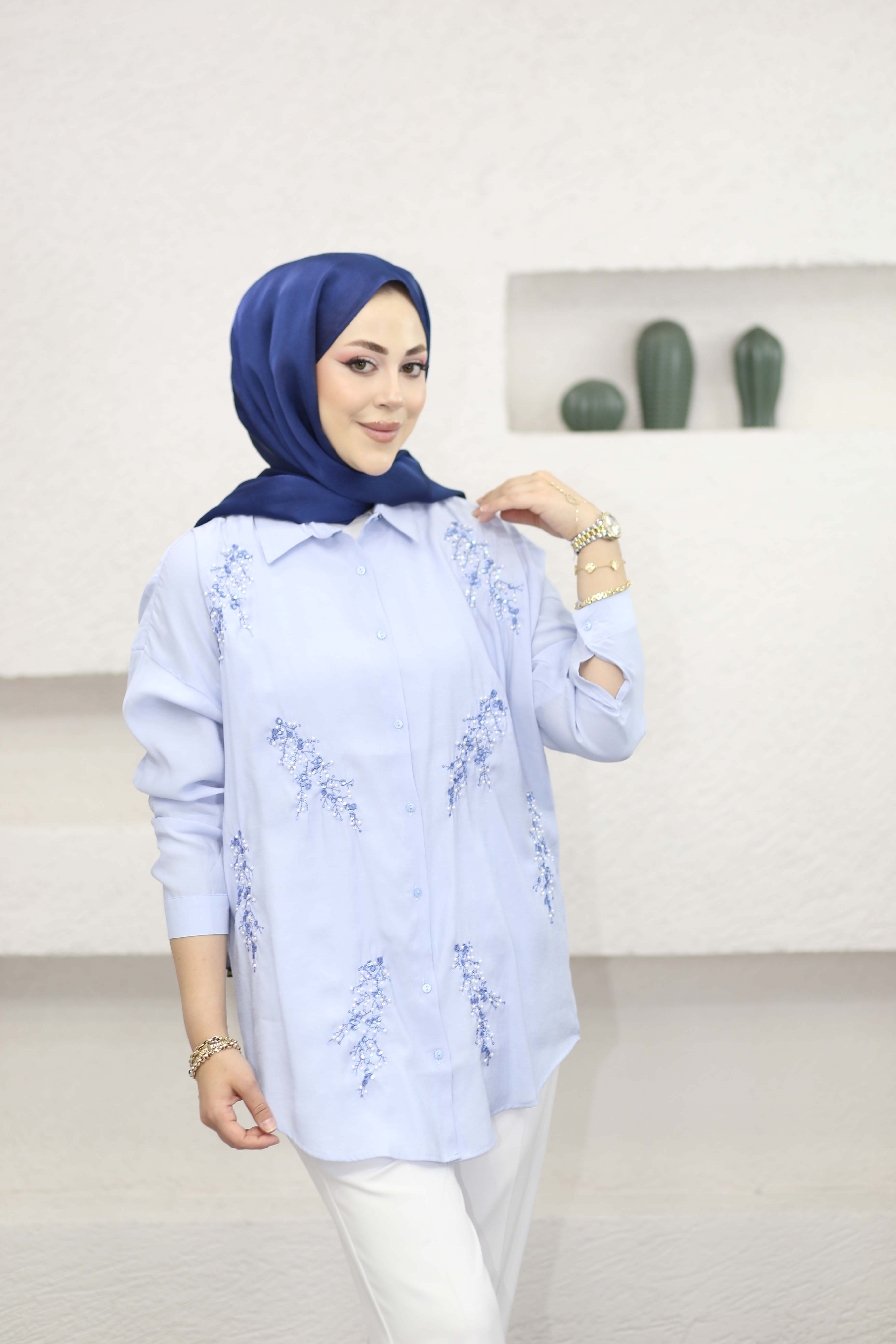 Efil Nakışlı Gömlek Mavi 5168