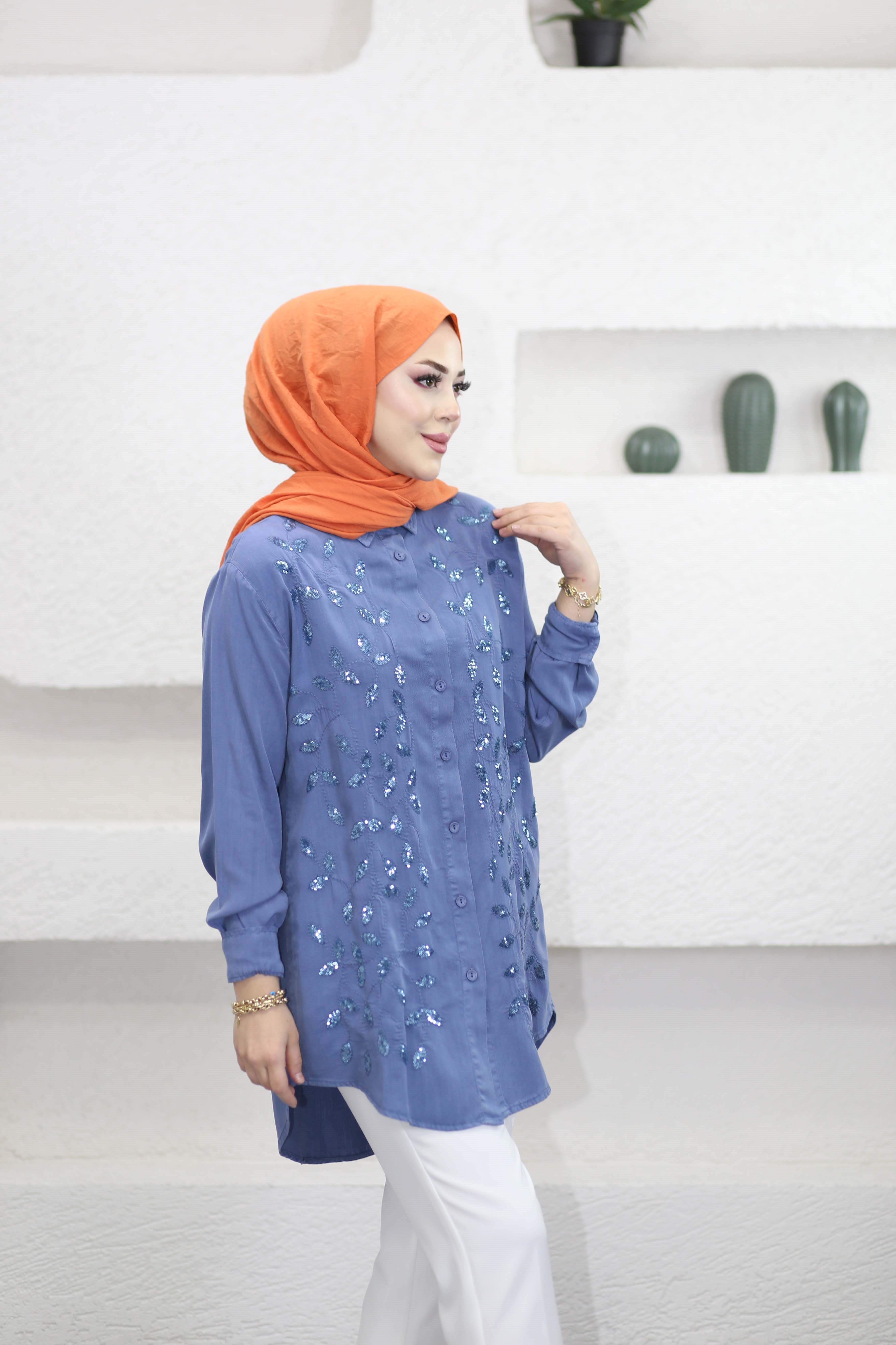 Yaprak İşlemeli Tencel Gömlek Mavi 7504