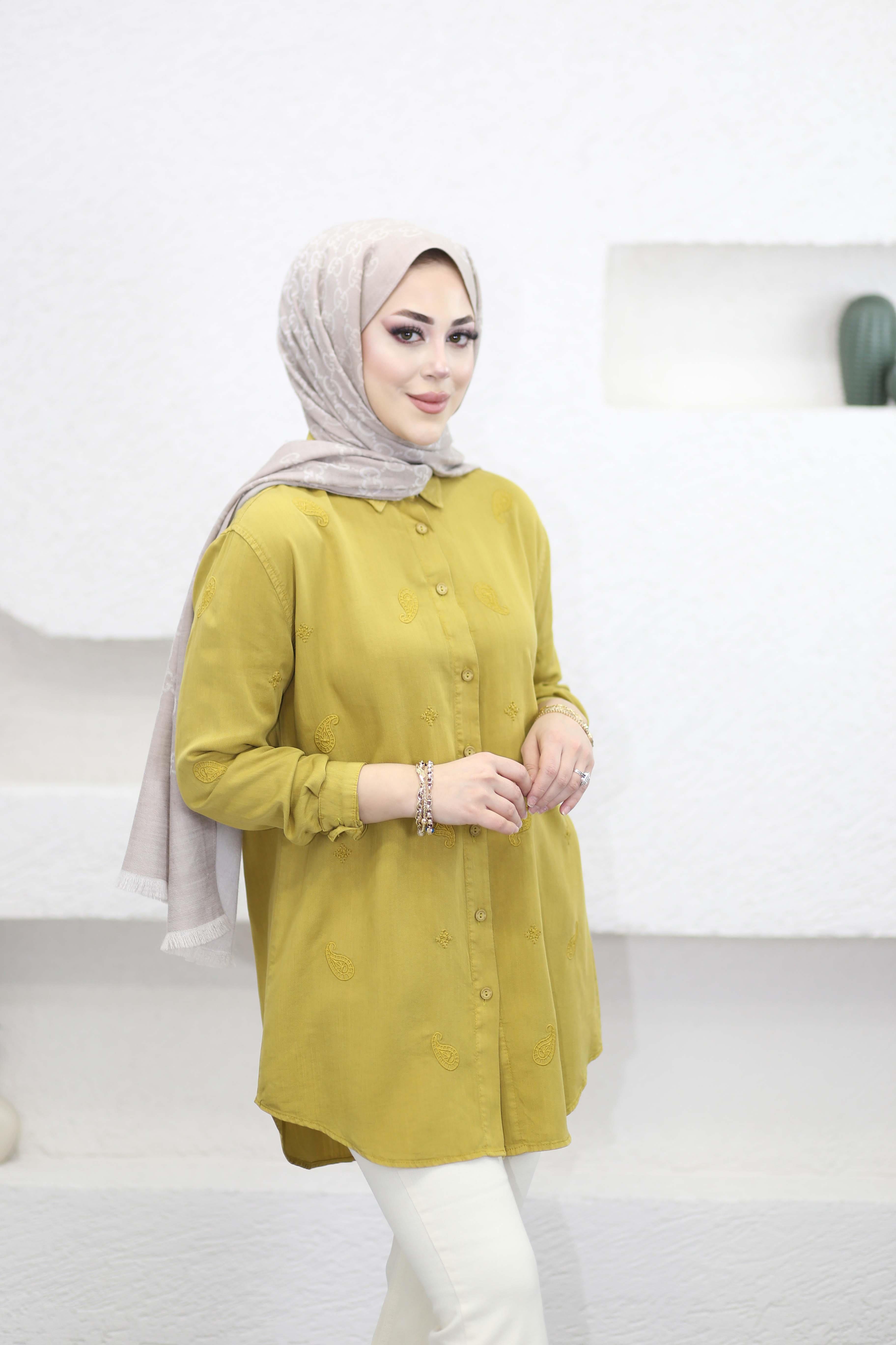 Mini Çiçek Tencel Gömlek Yağ Yeşili 7425