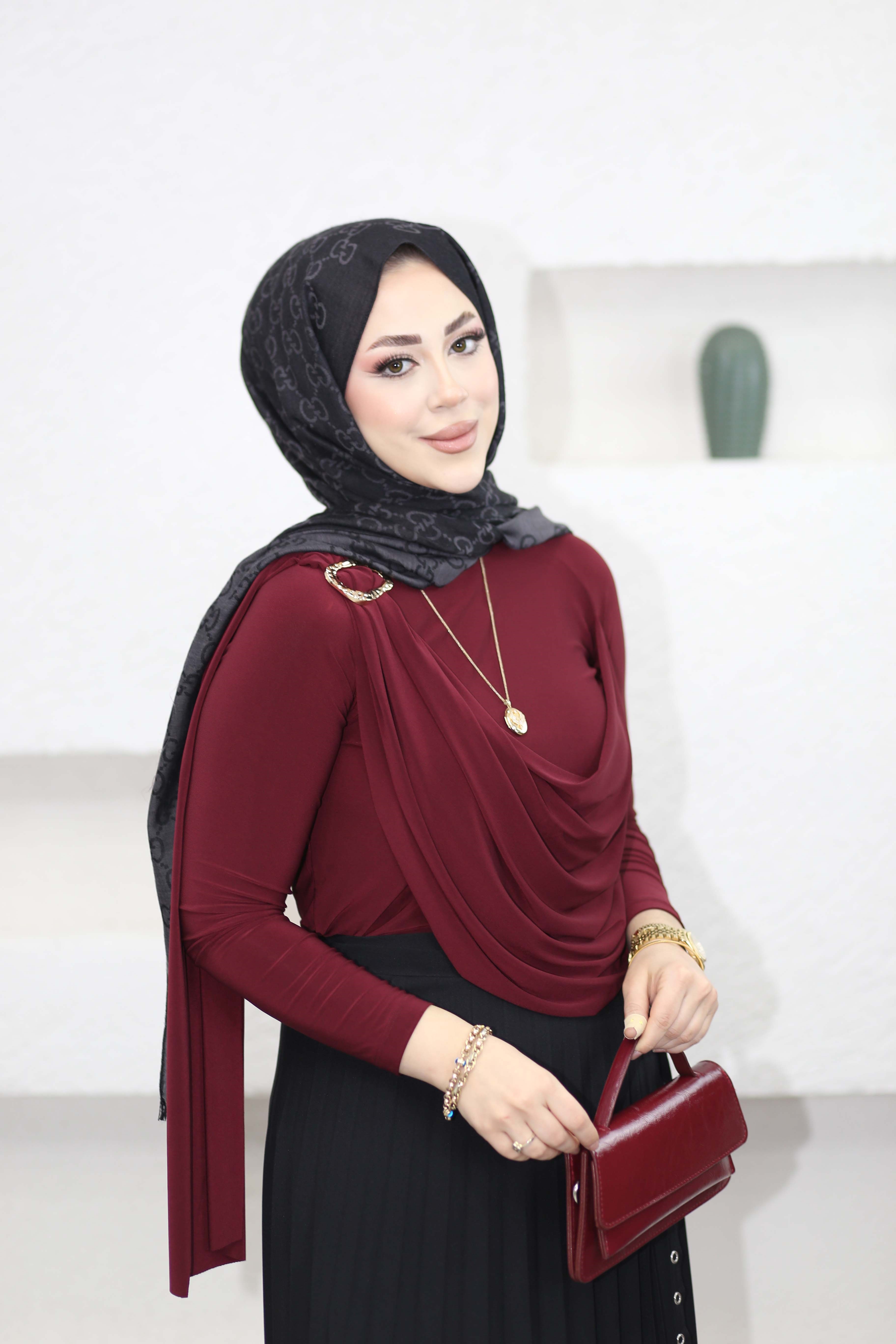Şal Detaylı Sandy Bluz Bordo 9070