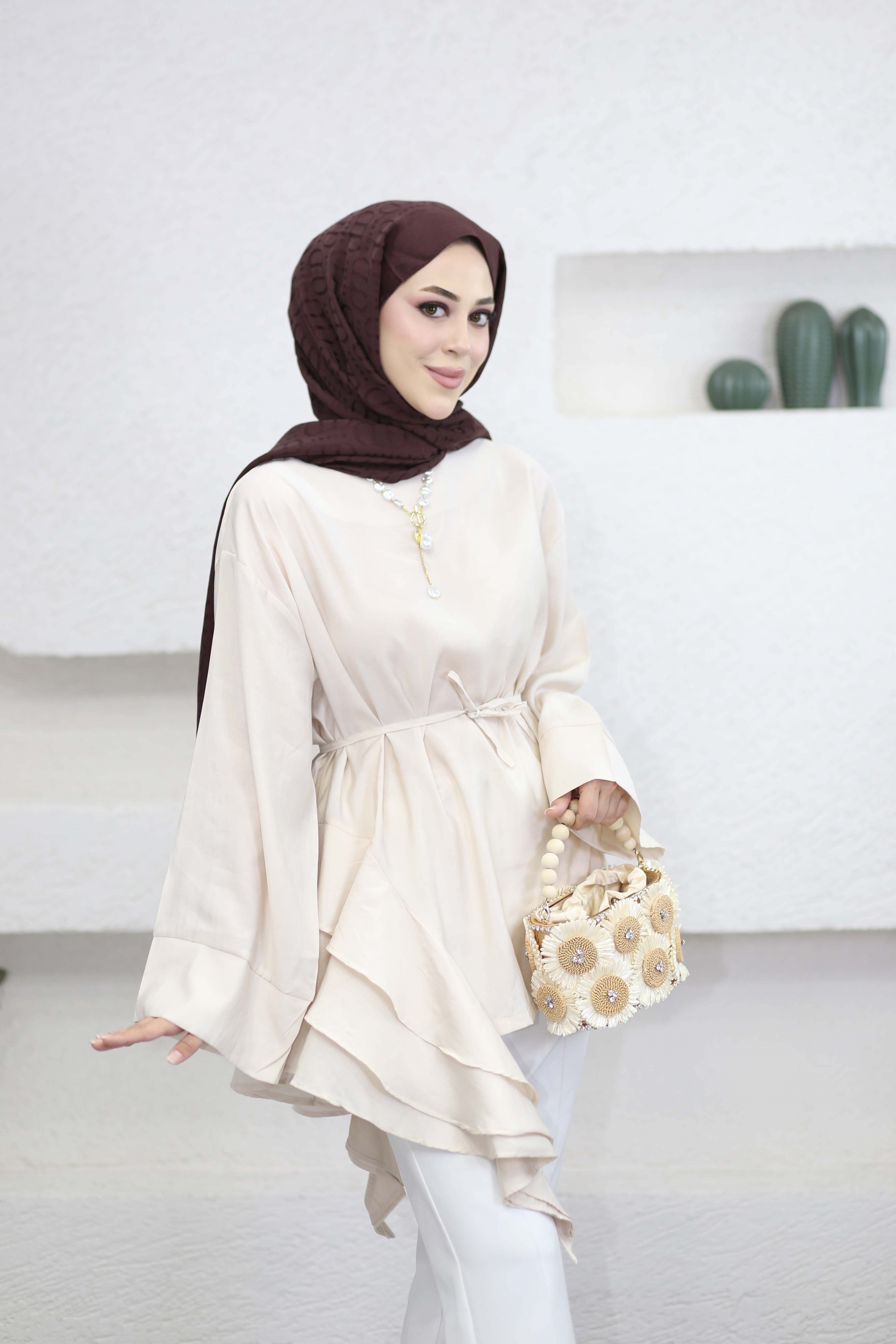 Volanlı Bağcıklı Tunik Bej 61437