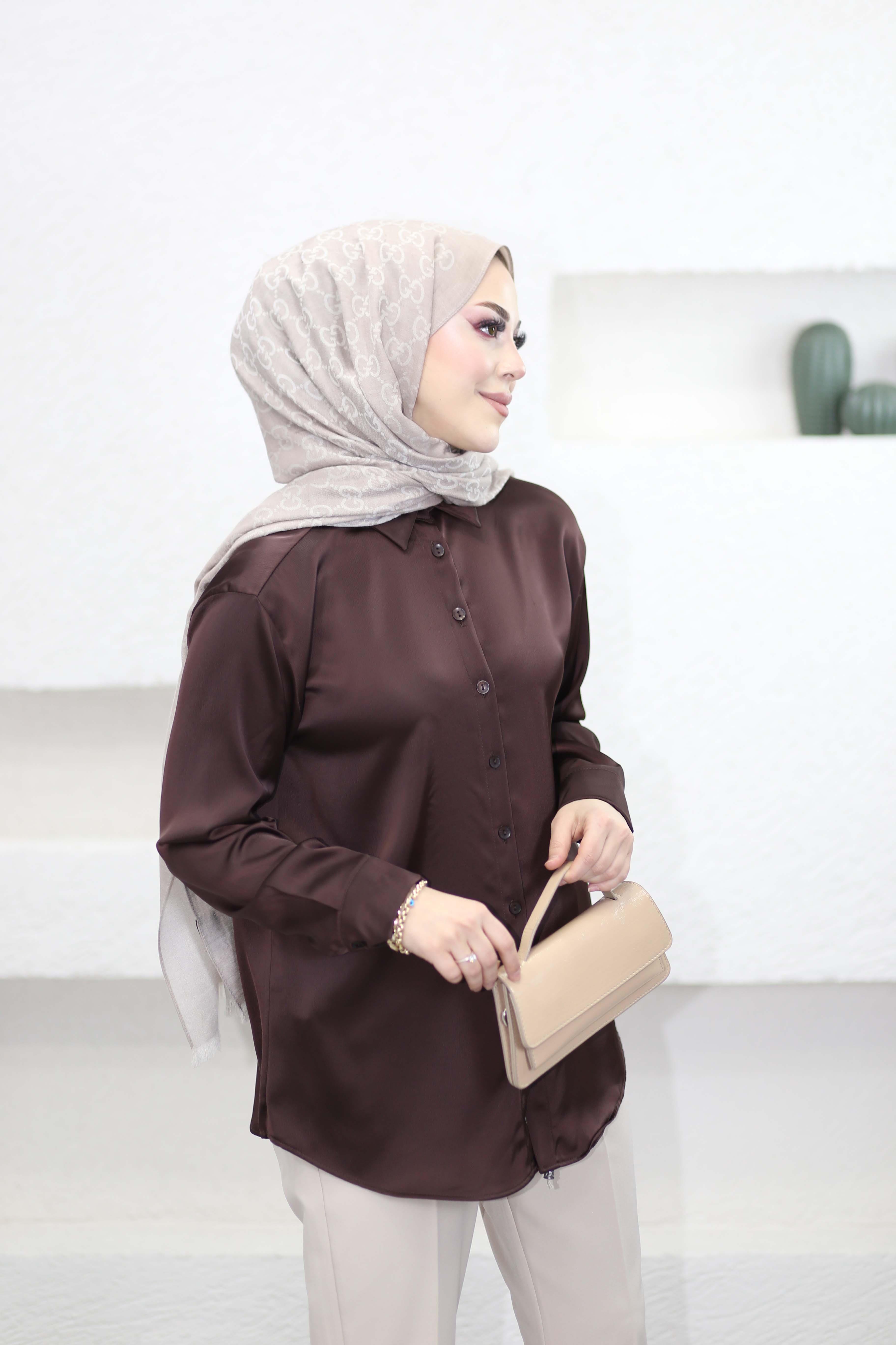 Oversize Saten Gömlek Kahverengi 2749