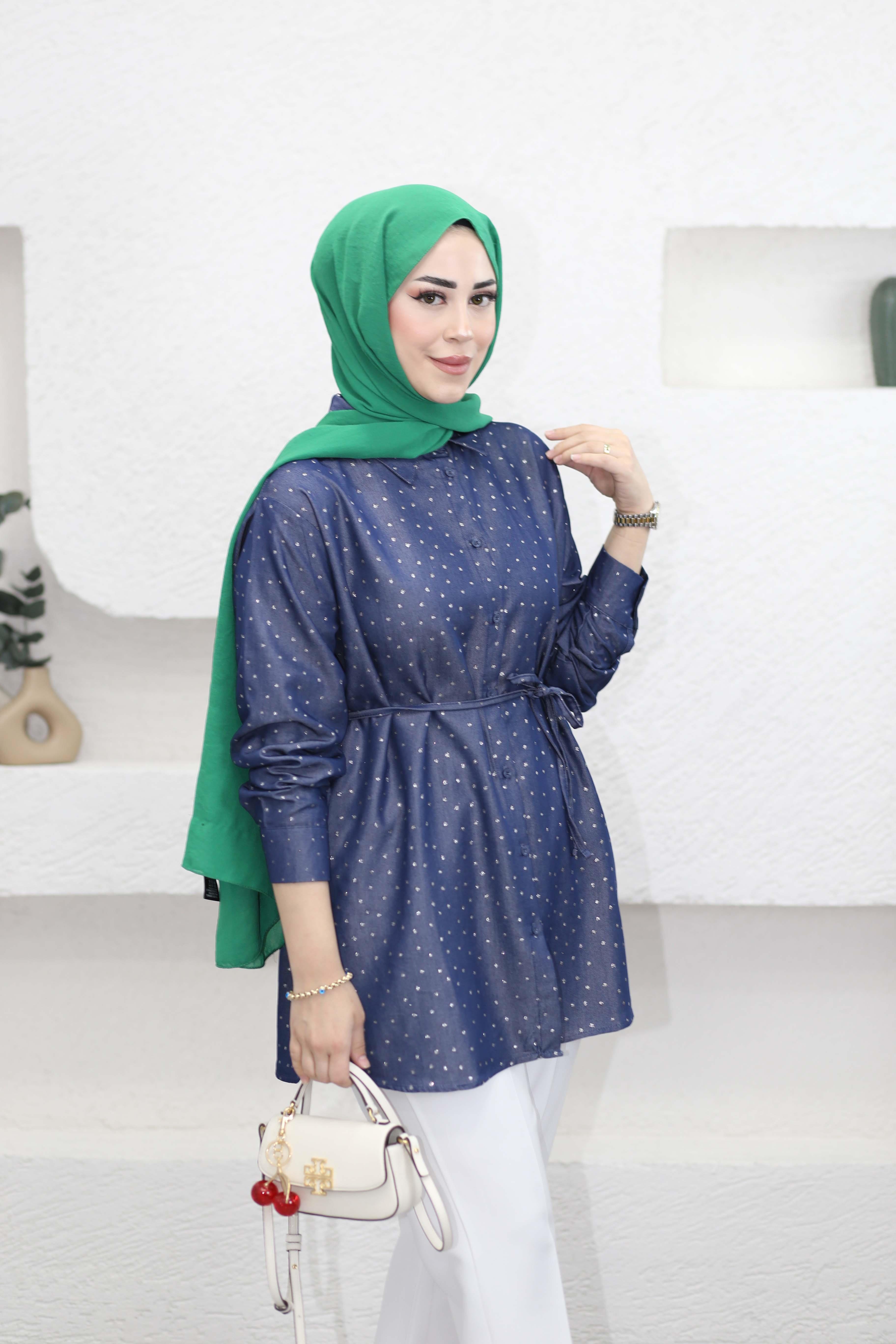 Simli Benekli Tencel Gömlek Lacivert 2956