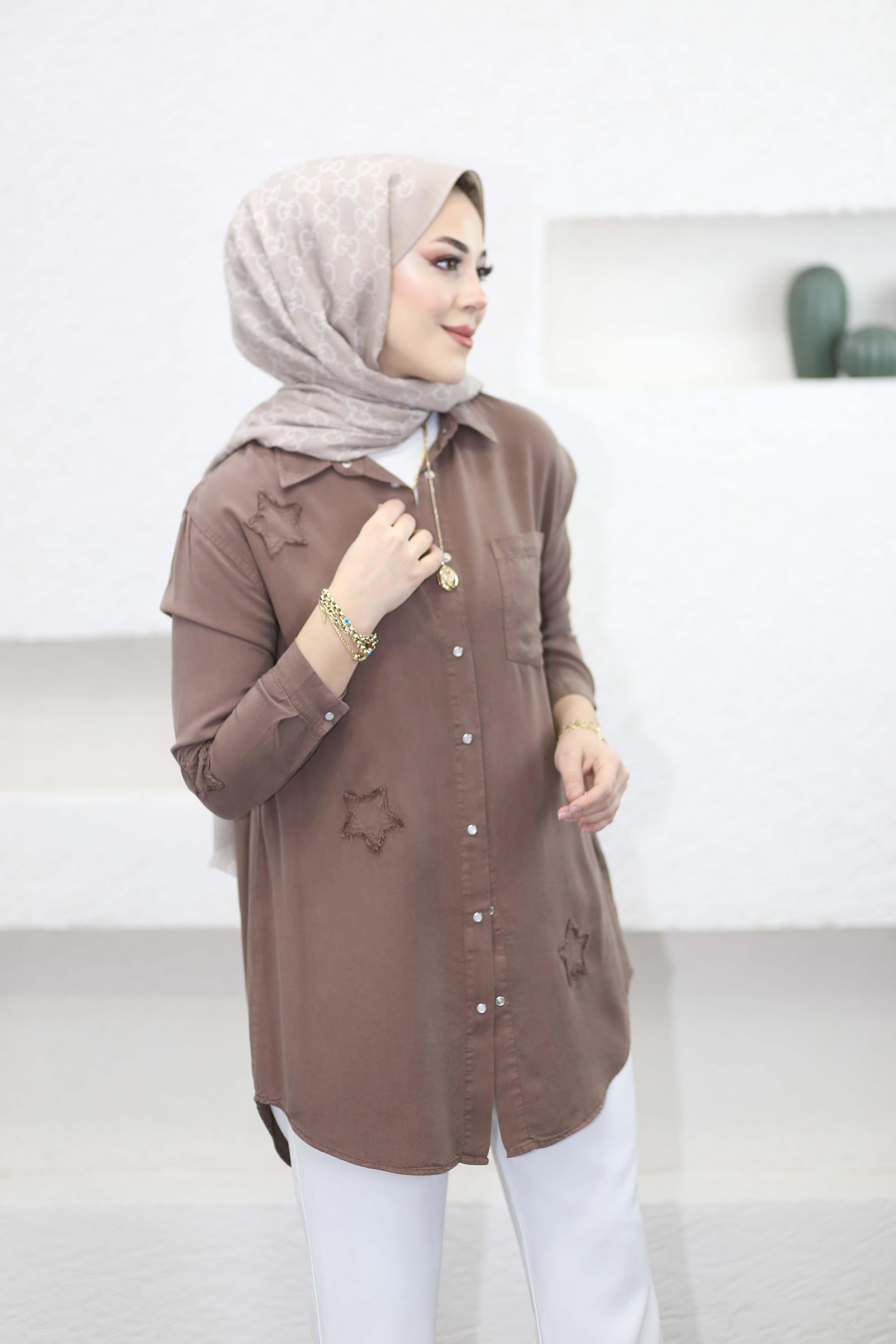 Yıldız Tencel Gömlek Kahverengi 7343