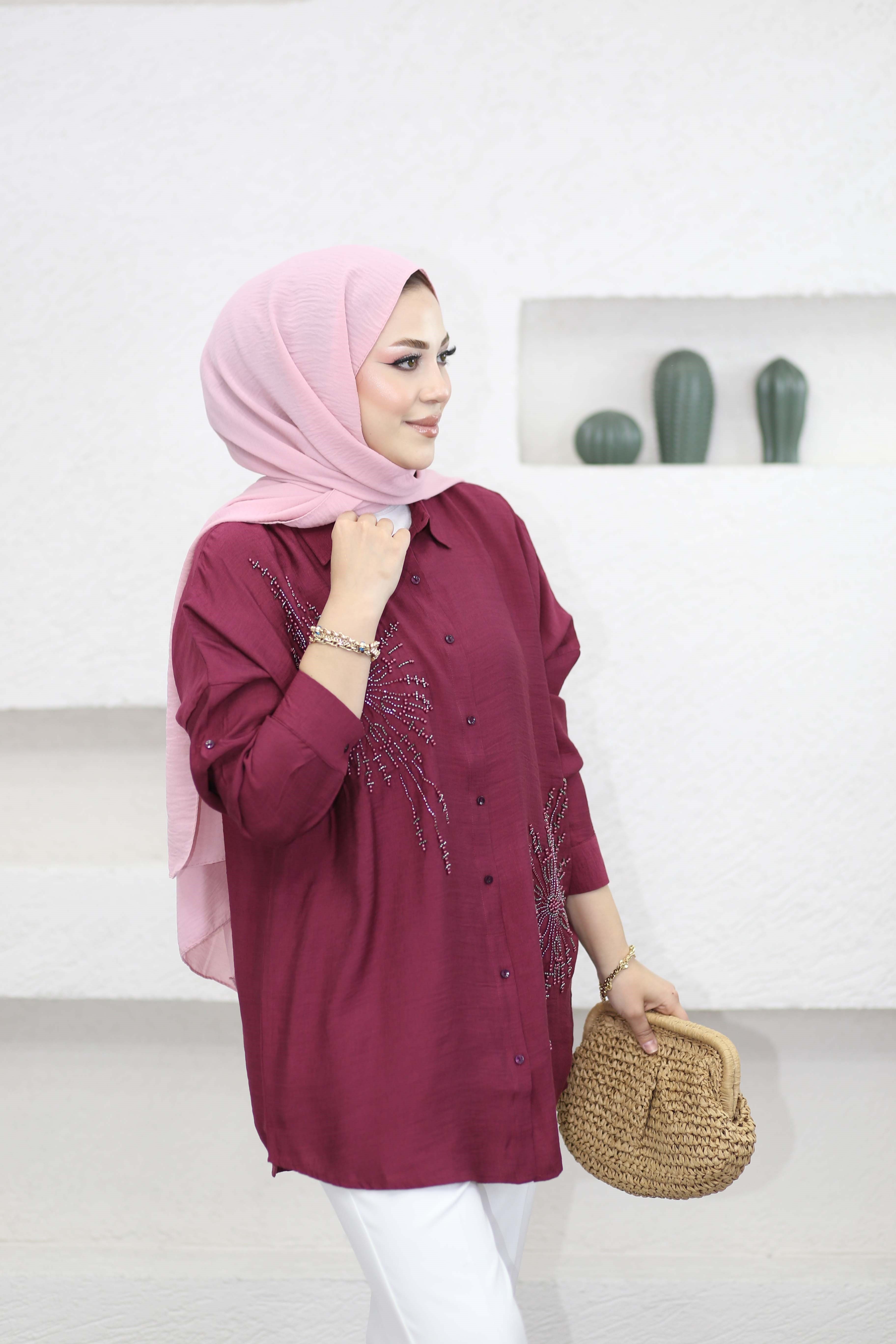 Adel Nakışlı Gömlek Bordo 5408