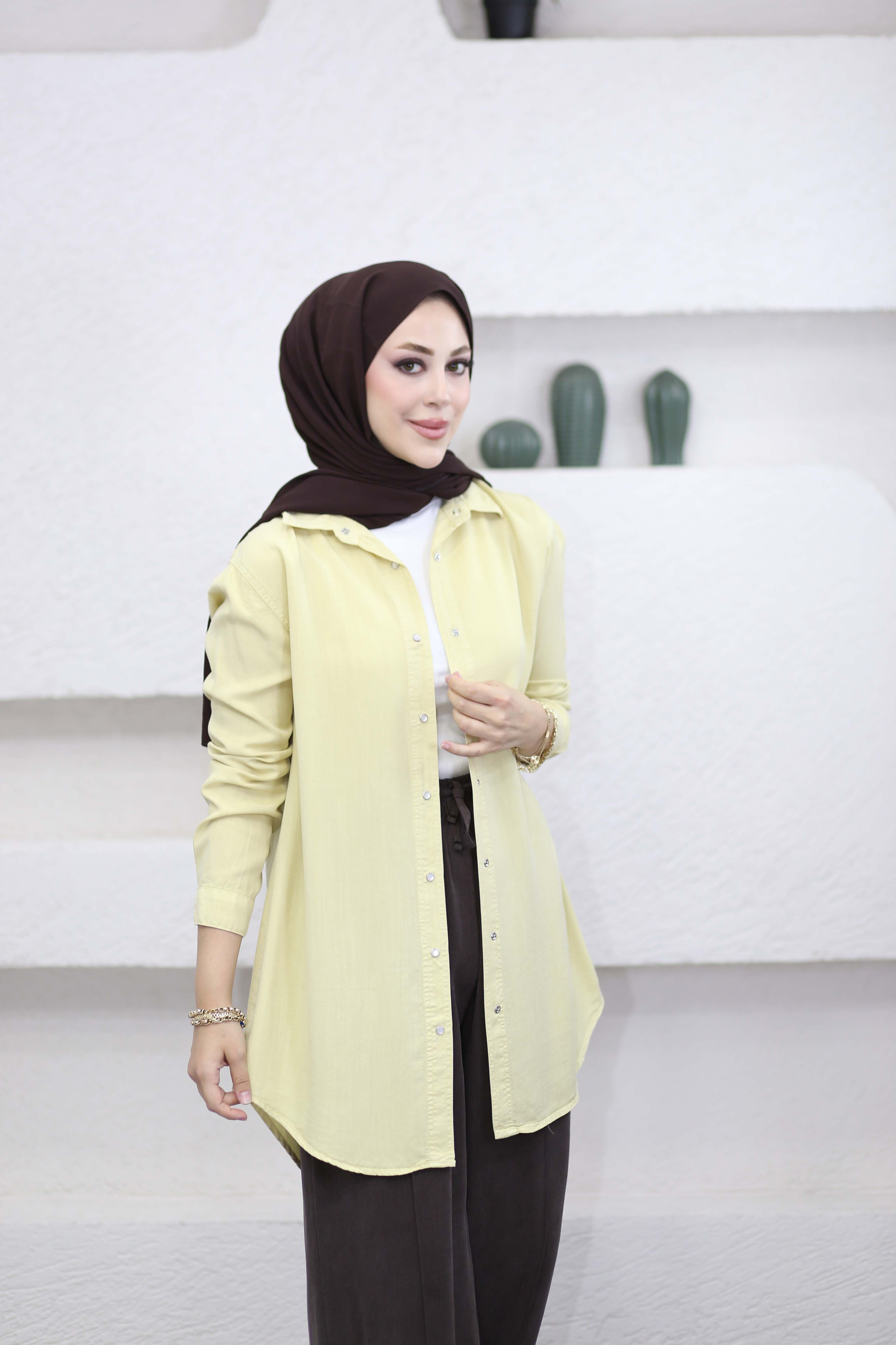 Çıtçıtlı Tencel Gömlek Sarı 7546