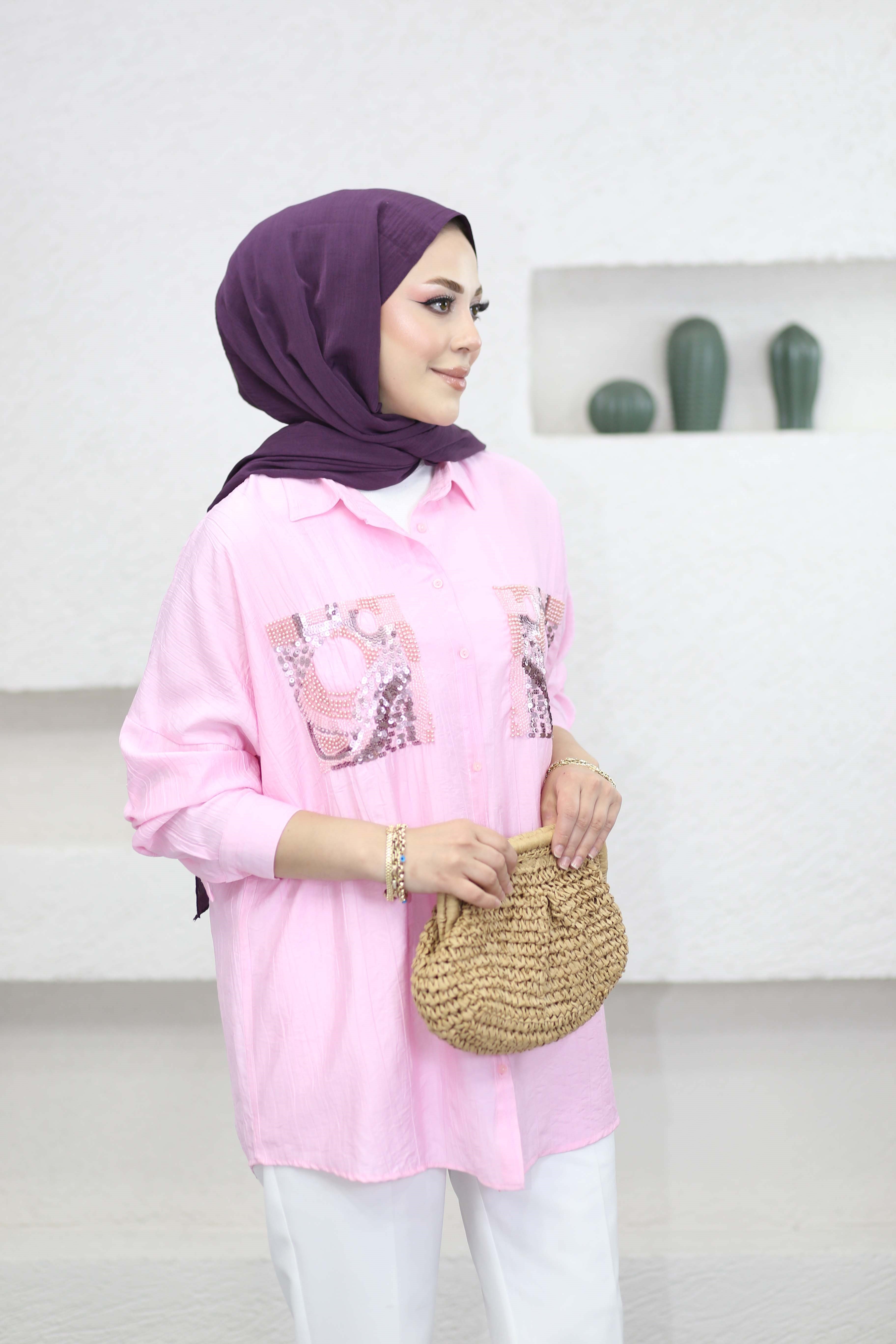 Bilge Nakışlı Gömlek Pembe 5476