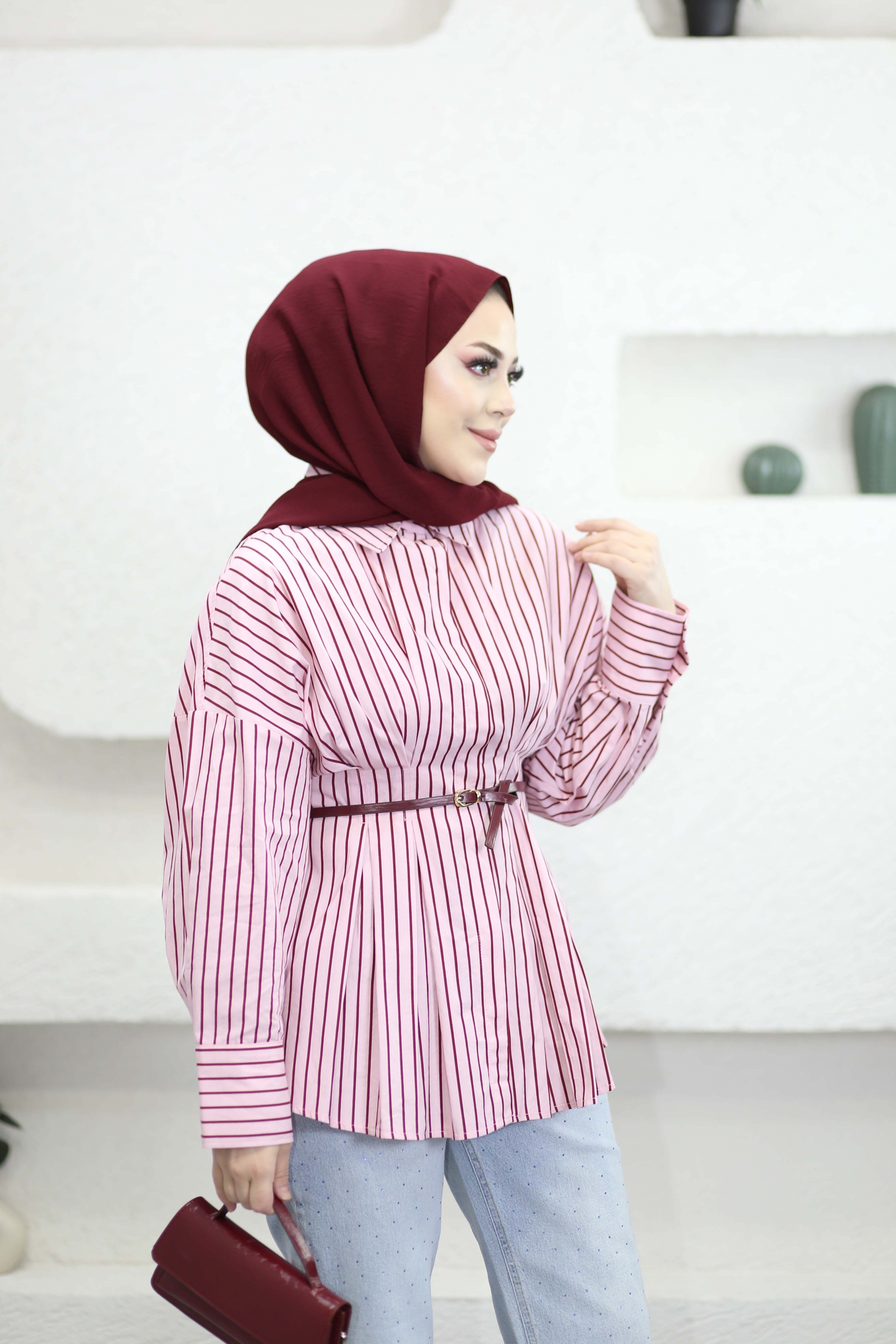 Pensli Çizgili Gömlek Pembe 2330