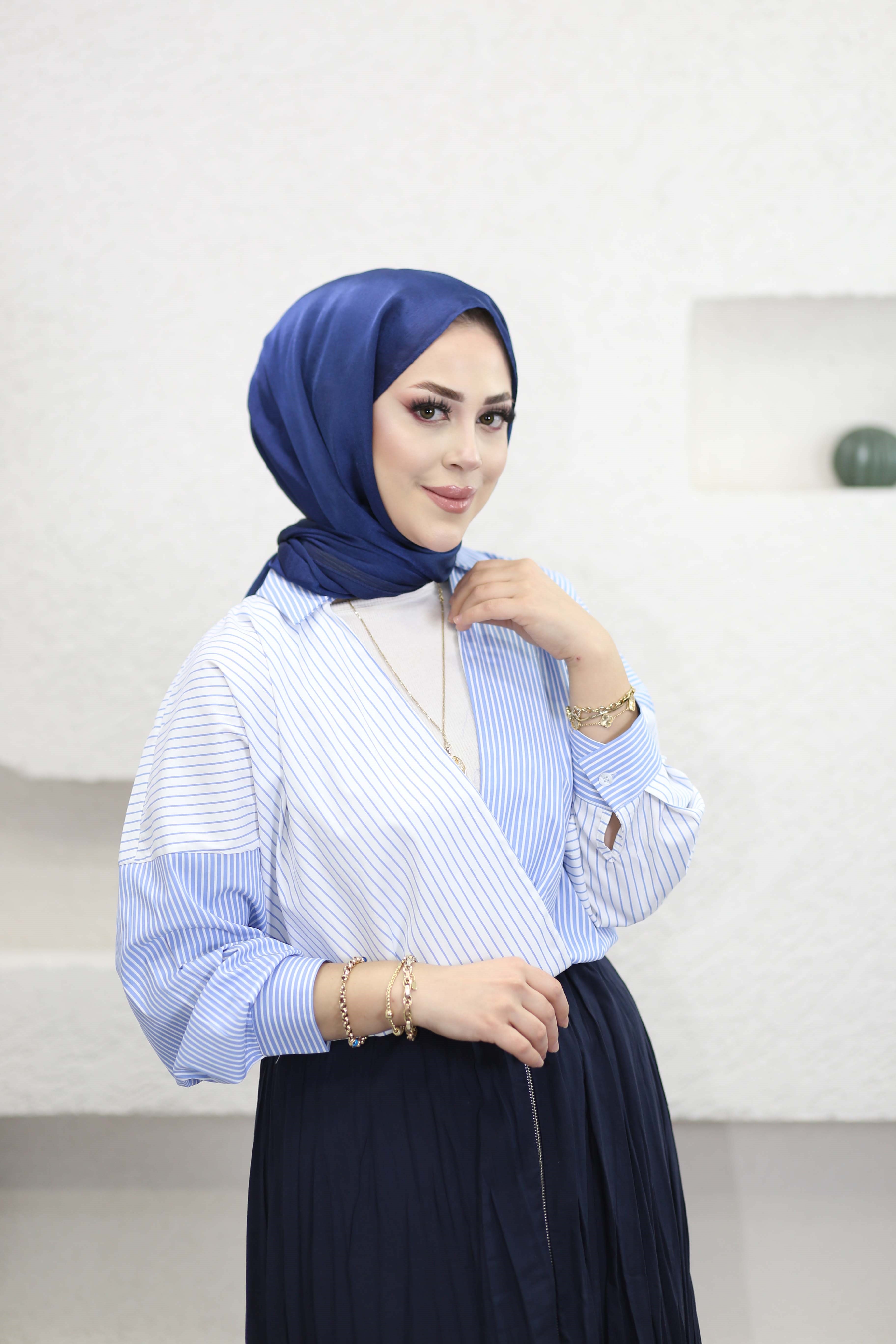 Çizgili Patchwork Gömlek Mavi 3132
