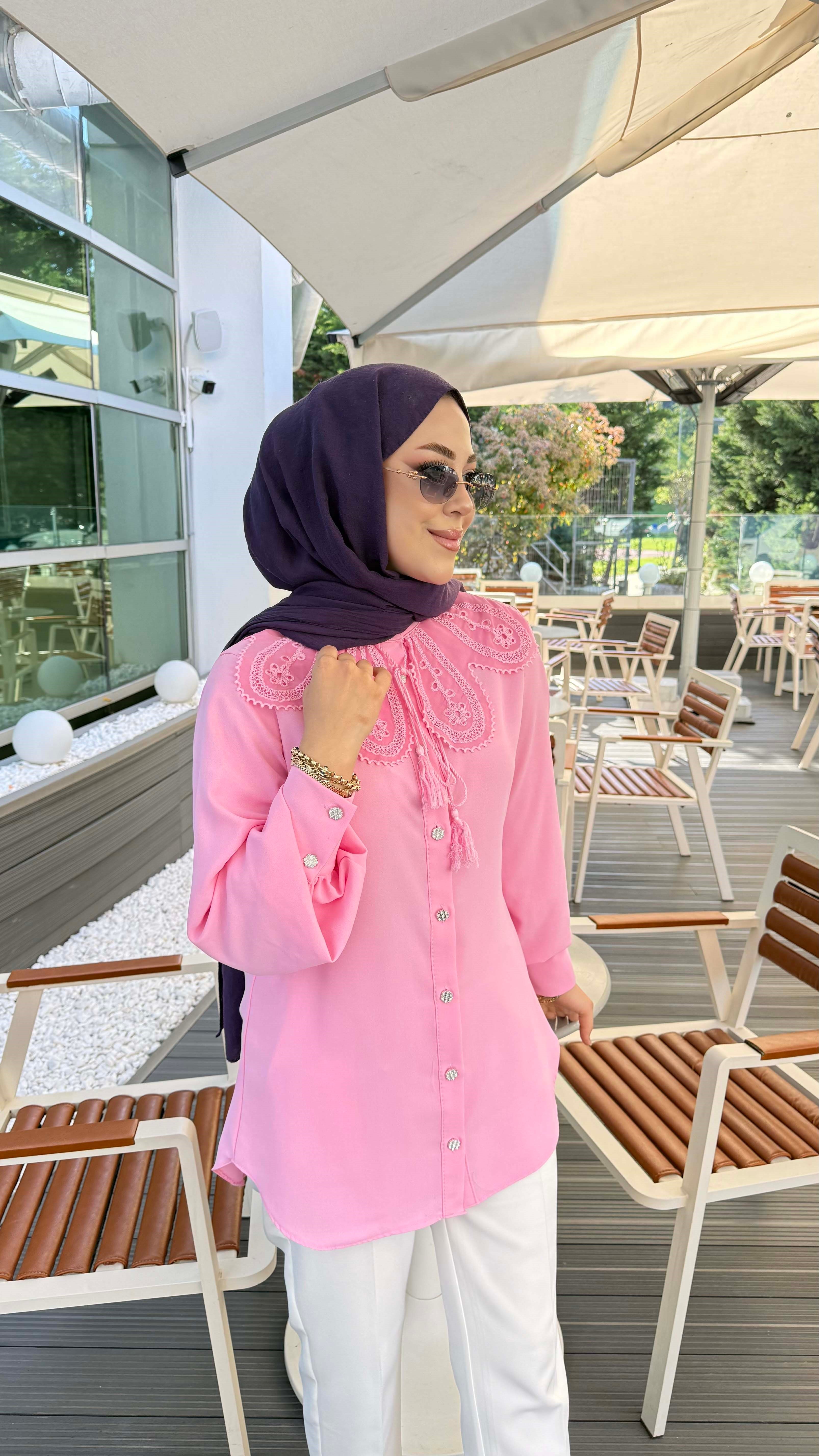 Dantel İp Yakalı Gömlek Pembe 363