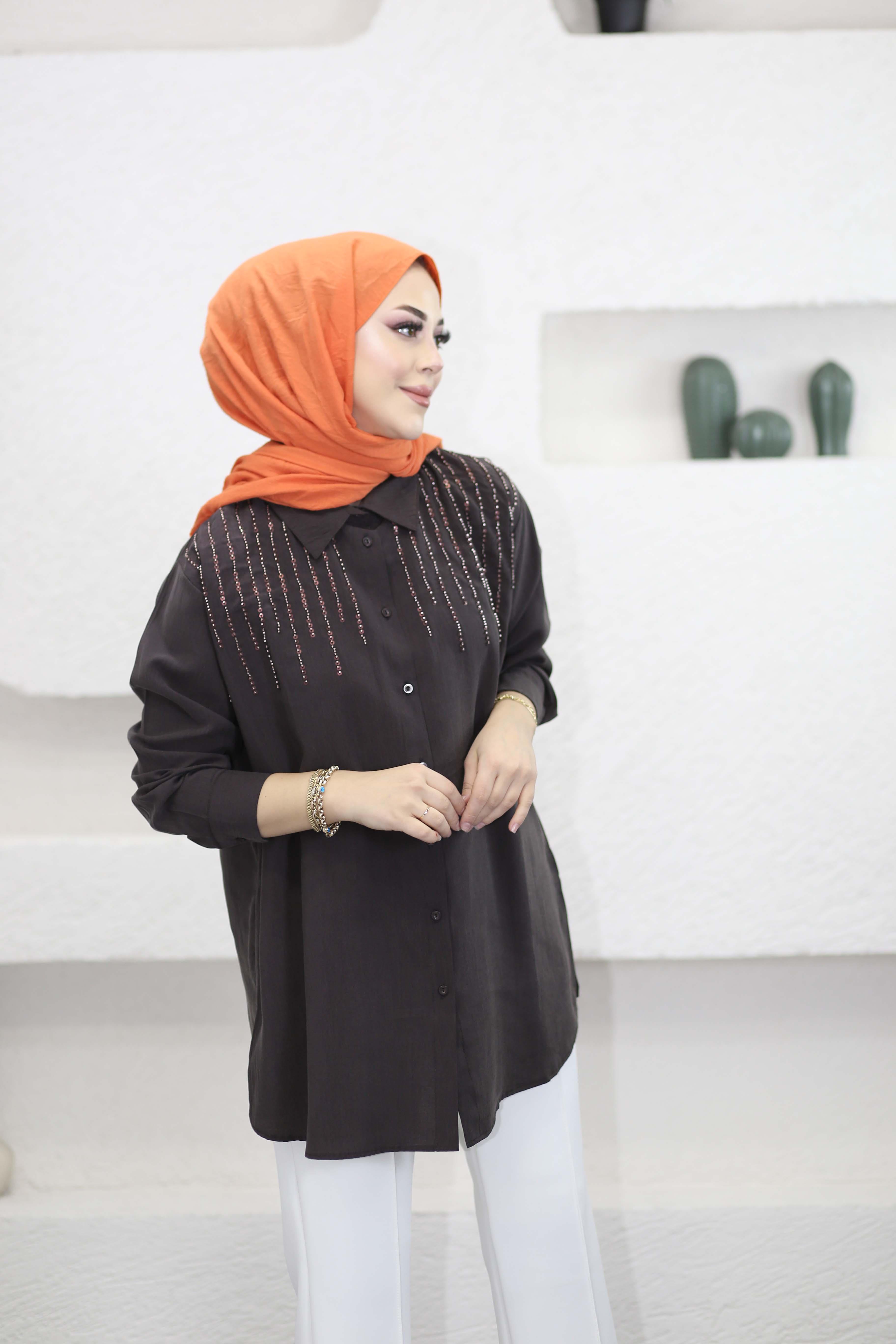 Sıralı Boncuk İşlemeli Gömlek Kahverengi 3272