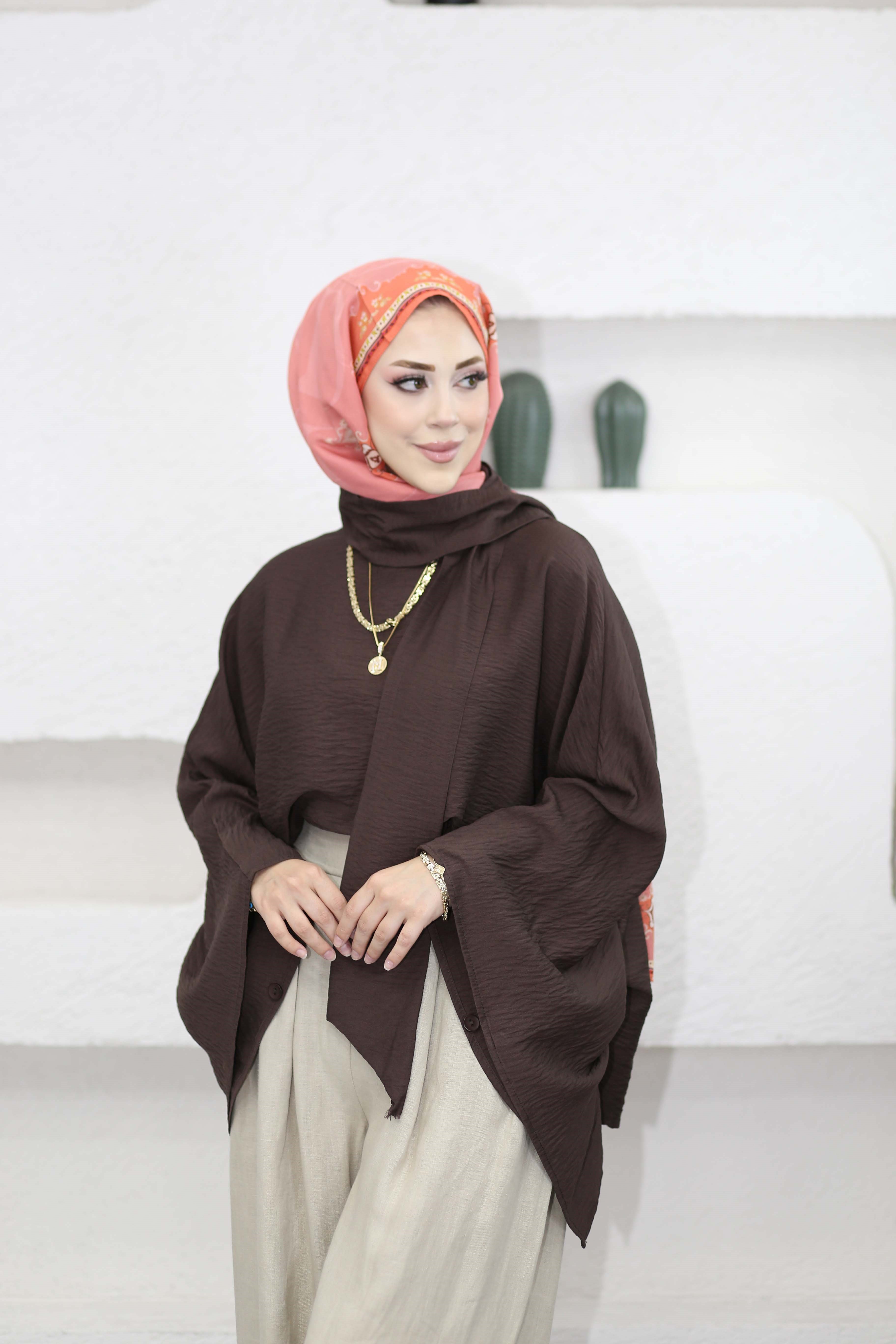 Şal Aksesuarlı Panço Acı Kahve 8508