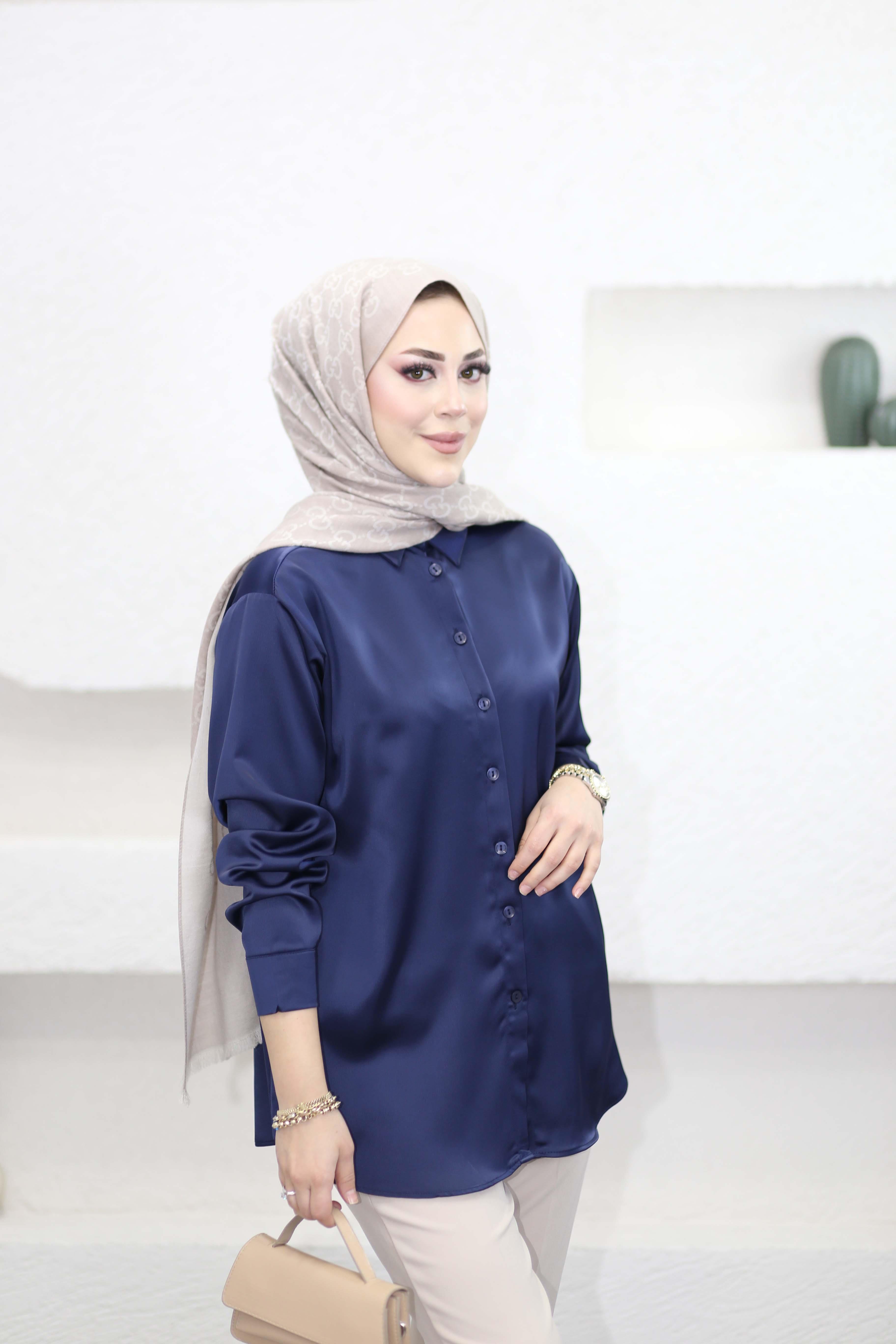 Oversize Saten Gömlek Lacivert 2749