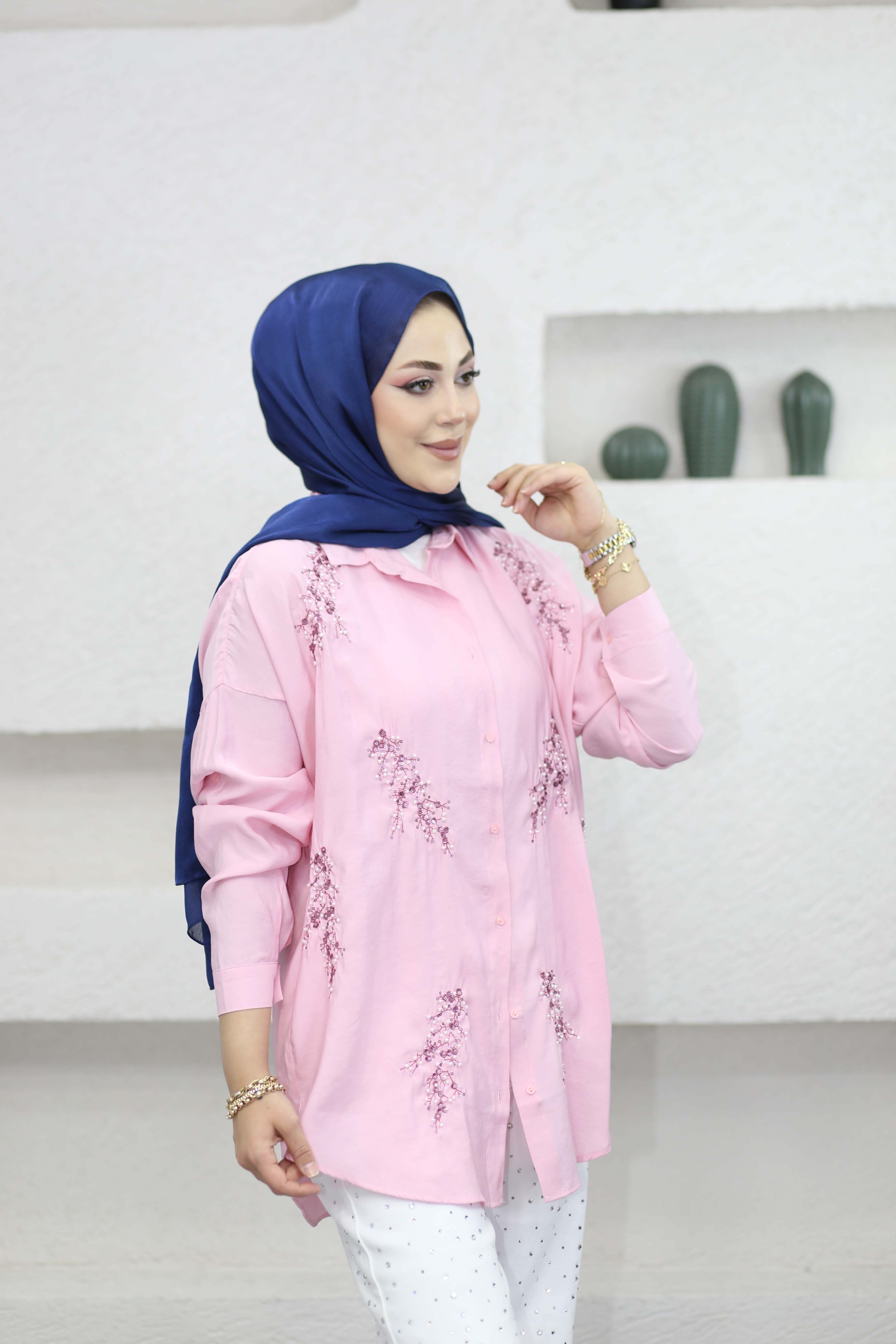 Efil Nakışlı Gömlek Pembe 5168
