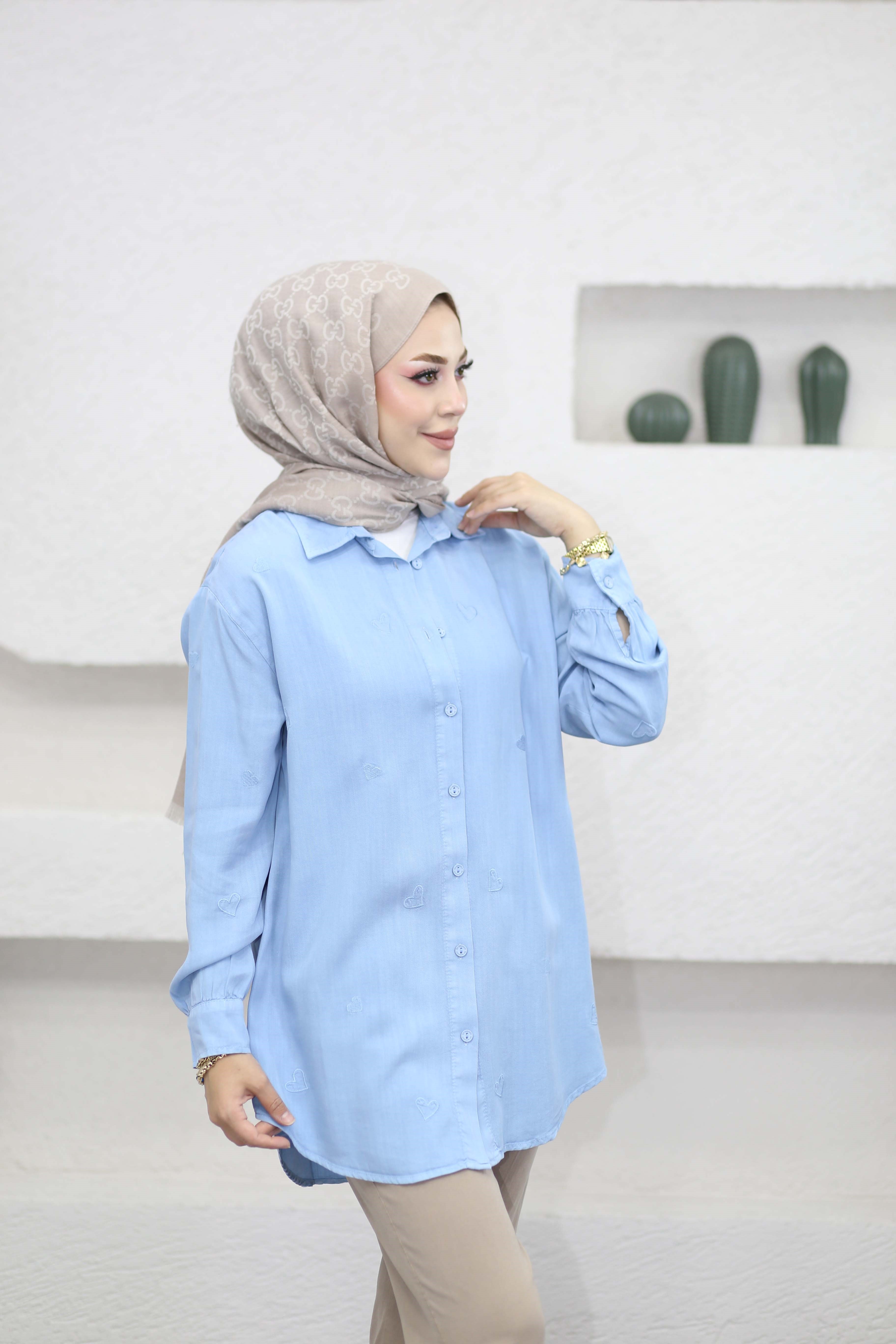 Mini Kalpli Tencel Gömlek Mavi 7463
