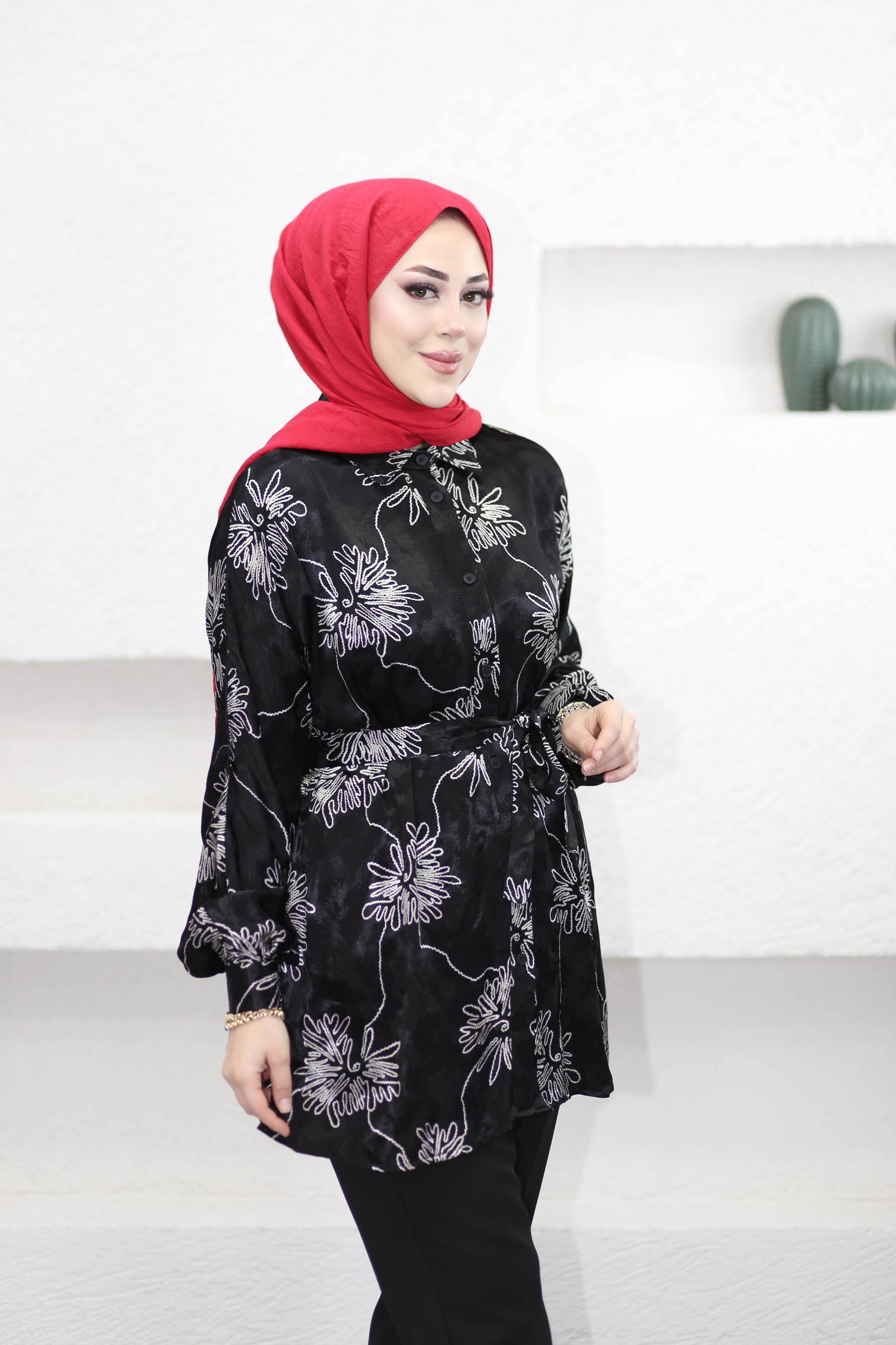 Şık Desenli Beli Kuşaklı Gömlek Siyah 250356