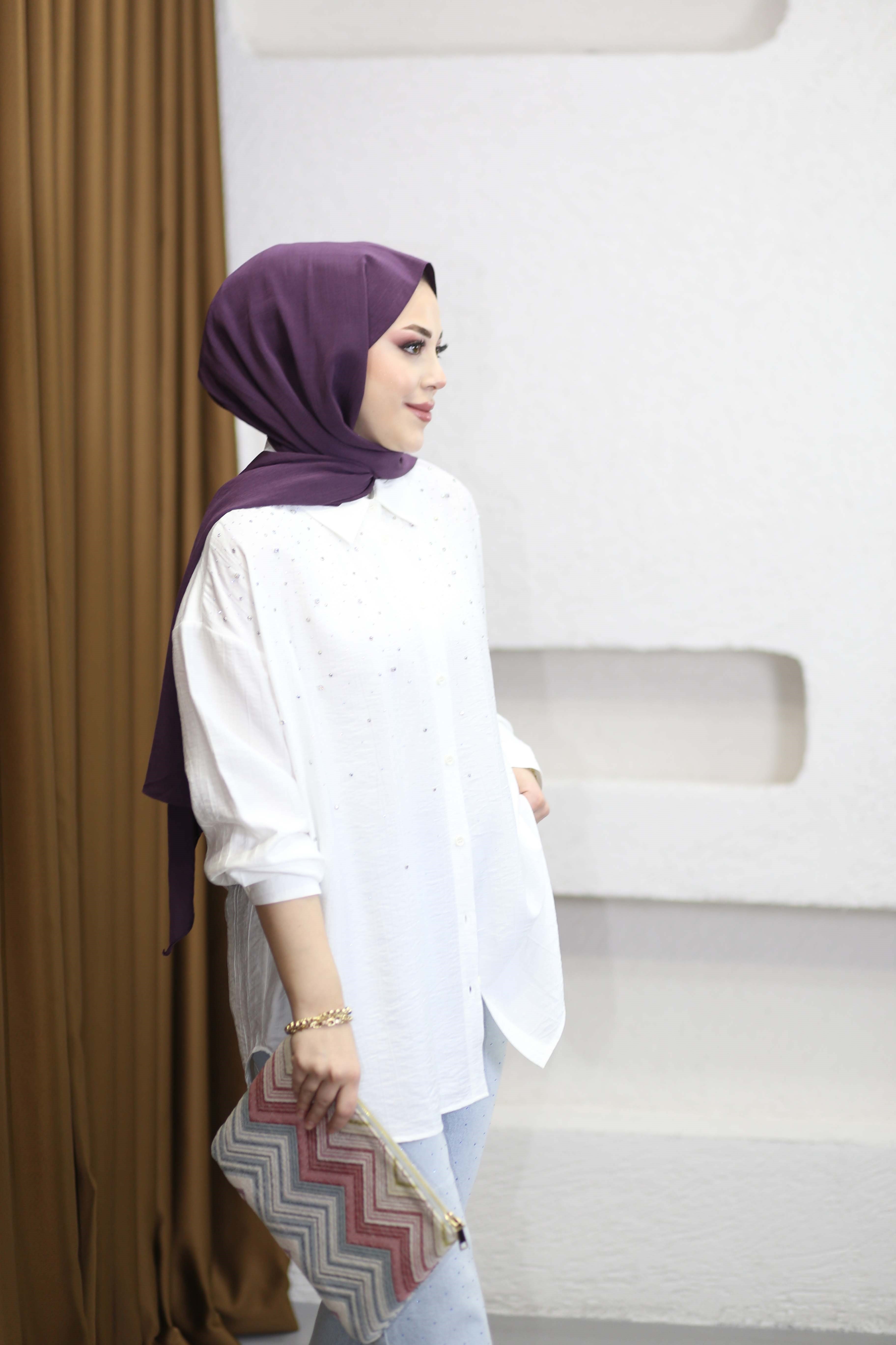 Taşlı Oversize Gömlek Beyaz 34818