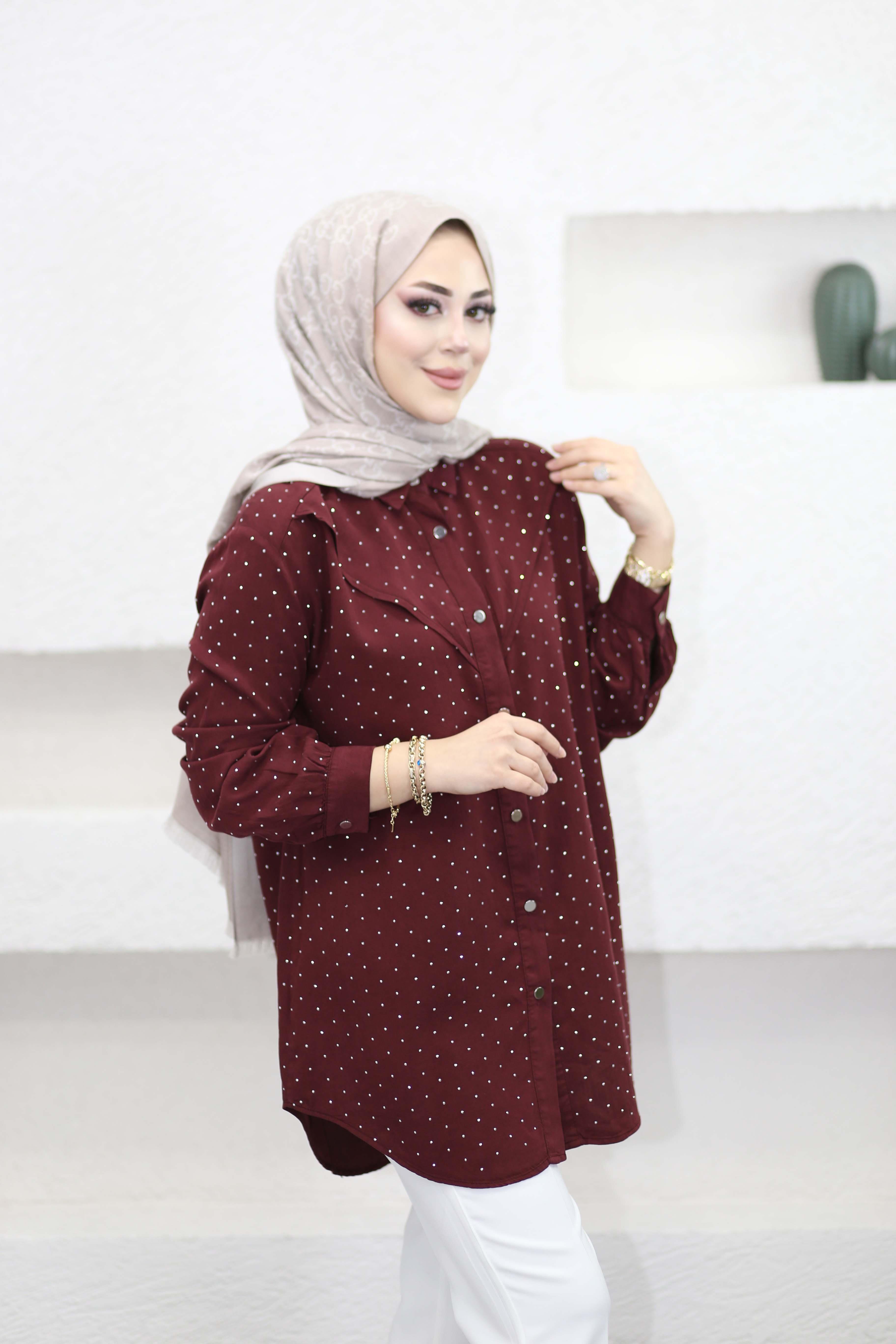 Taşlı Tencel Gömlek Bordo 7421